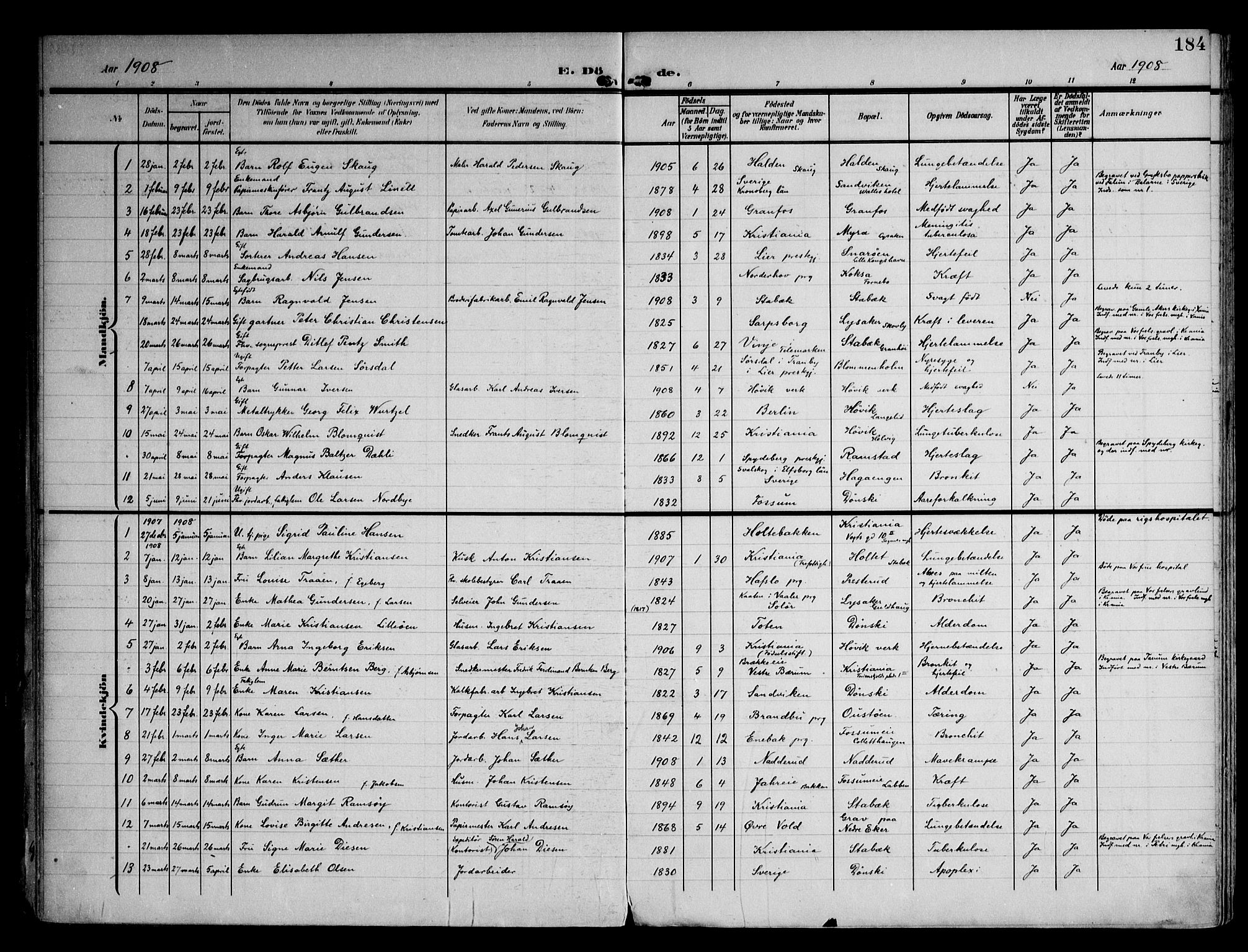 Østre Bærum prestekontor Kirkebøker, SAO/A-10887/F/Fa/L0001: Ministerialbok nr. 1, 1905-1924, s. 184