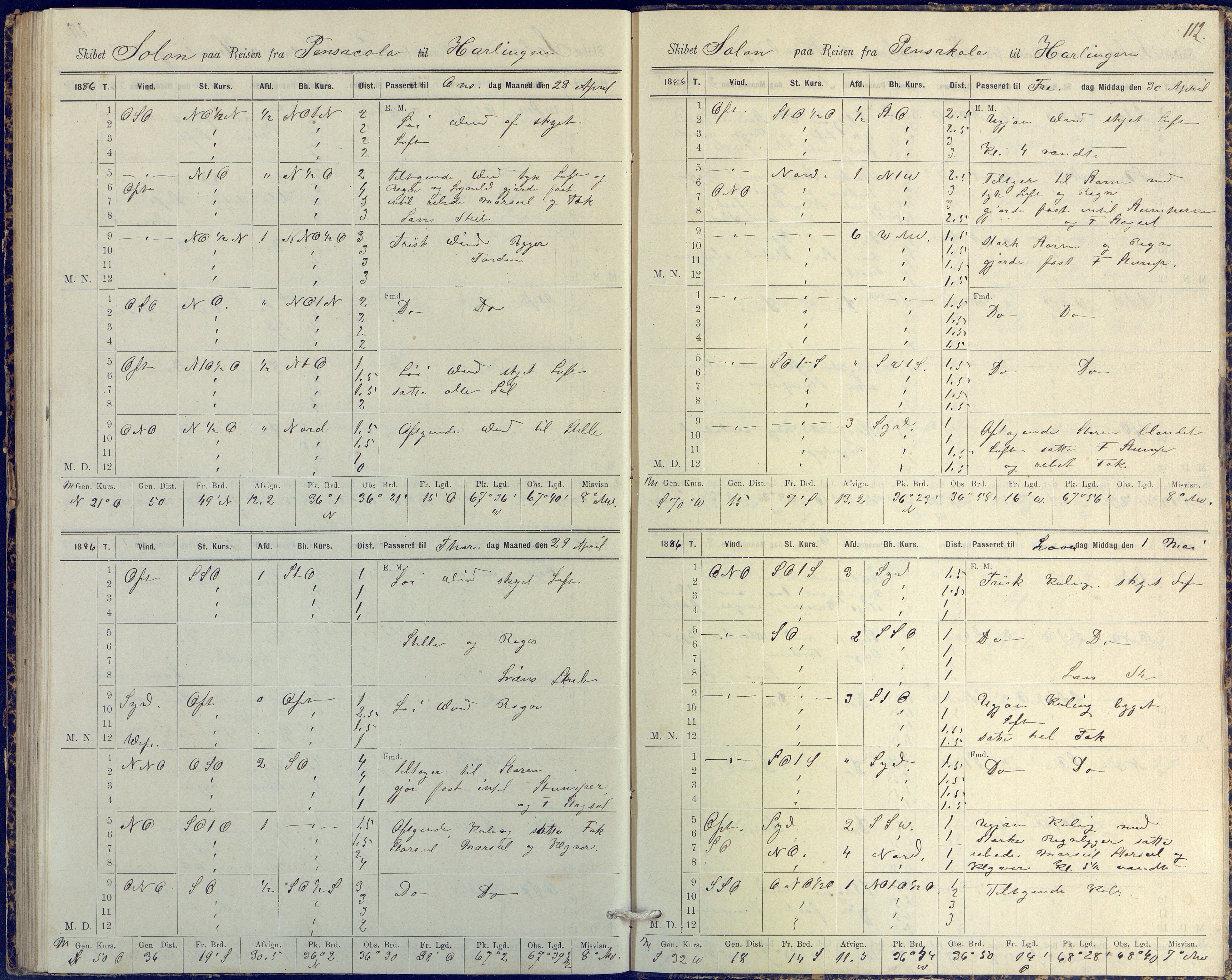 Fartøysarkivet, AAKS/PA-1934/F/L0331/0003: Solon (fregatt) / Solon (fregatt) skipsjournal 1884-1885, 1884-1885, s. 112