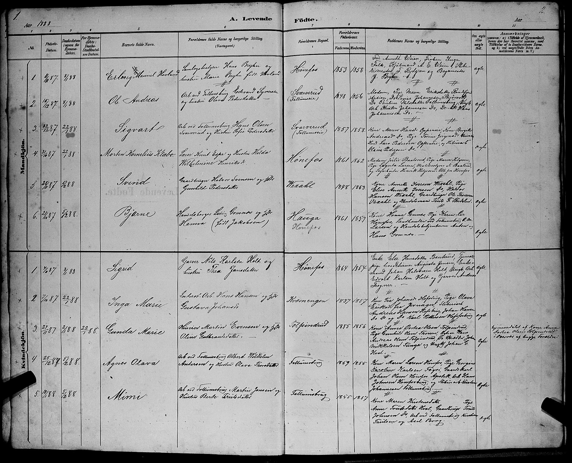 Hønefoss kirkebøker, AV/SAKO-A-609/G/Ga/L0002: Klokkerbok nr. 2, 1888-1904, s. 1