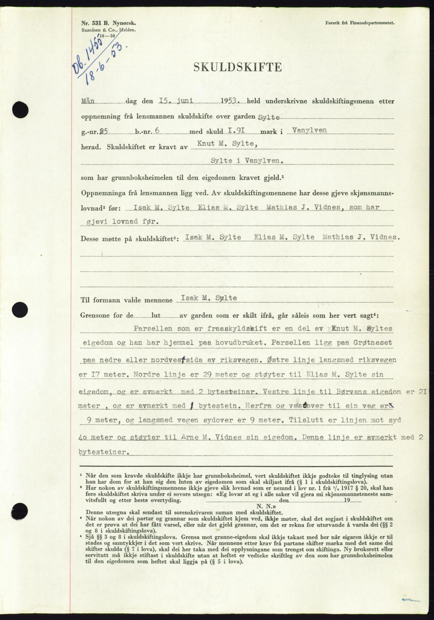 Søre Sunnmøre sorenskriveri, AV/SAT-A-4122/1/2/2C/L0095: Pantebok nr. 21A, 1953-1953, Dagboknr: 1455/1953