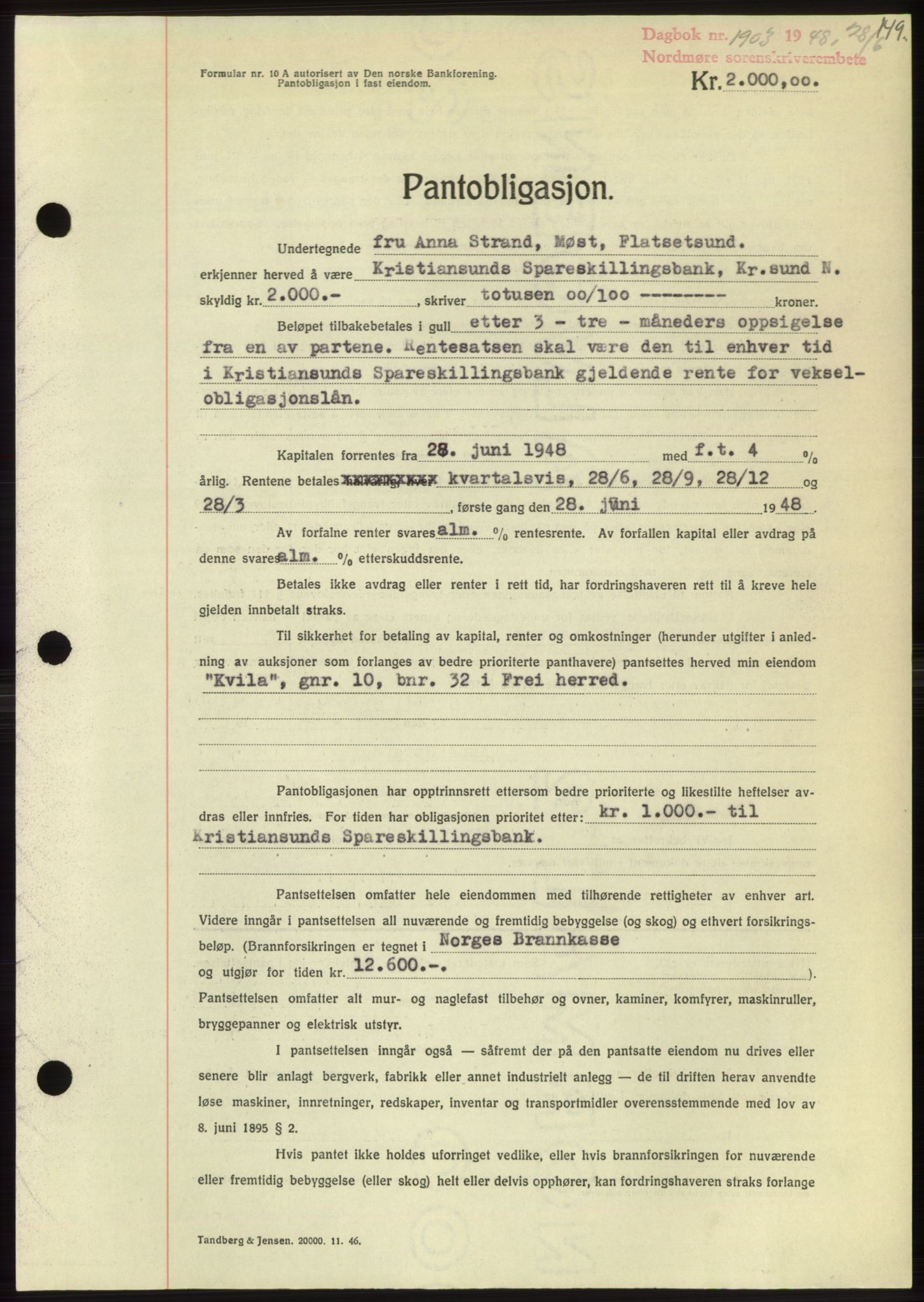 Nordmøre sorenskriveri, SAT/A-4132/1/2/2Ca: Pantebok nr. B99, 1948-1948, Dagboknr: 1903/1948