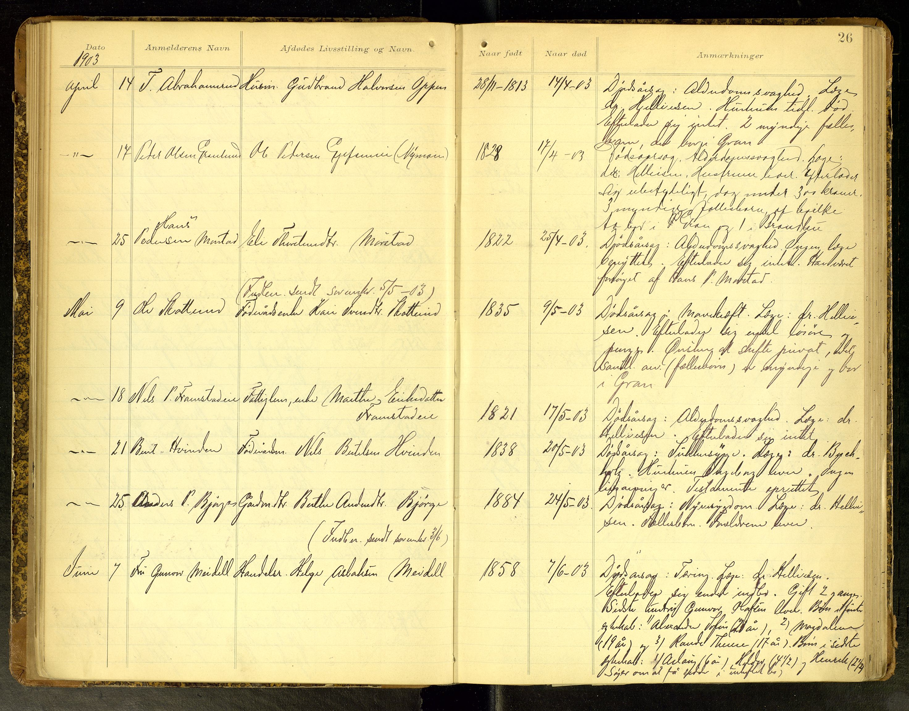 Gran lensmannskontor, AV/SAH-LOG-010/H/Ha/L0002: Dødsfallsprotokoll, 1899-1917, s. 26