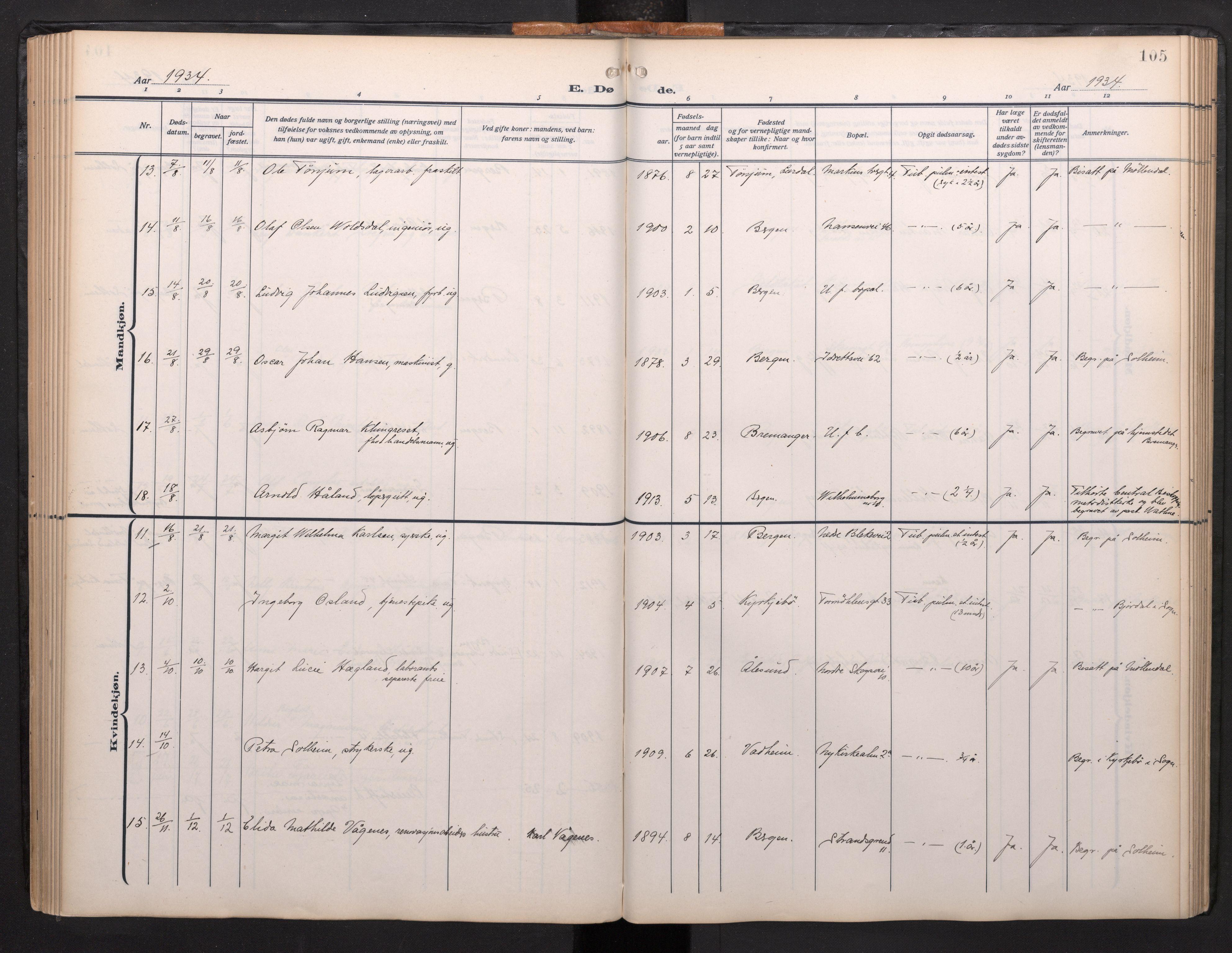 Arkivreferanse mangler*, SAB/-: Ministerialbok nr. A 1, 1912-1957, s. 104b-105a