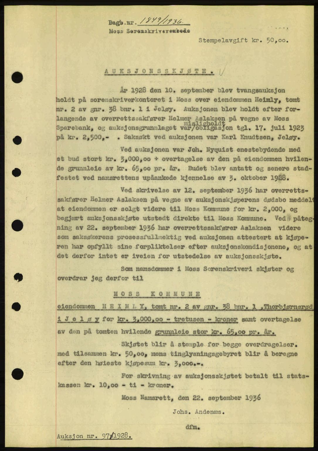 Moss sorenskriveri, SAO/A-10168: Pantebok nr. A1, 1936-1936, Dagboknr: 1849/1936
