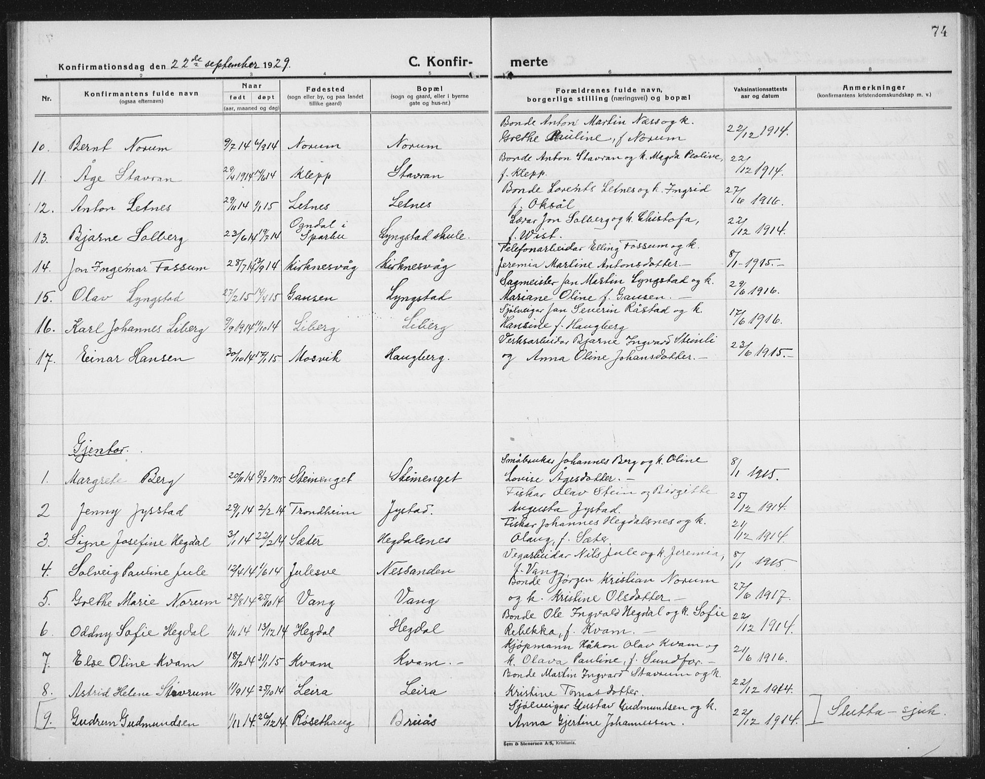 Ministerialprotokoller, klokkerbøker og fødselsregistre - Nord-Trøndelag, AV/SAT-A-1458/730/L0303: Klokkerbok nr. 730C06, 1924-1933, s. 74