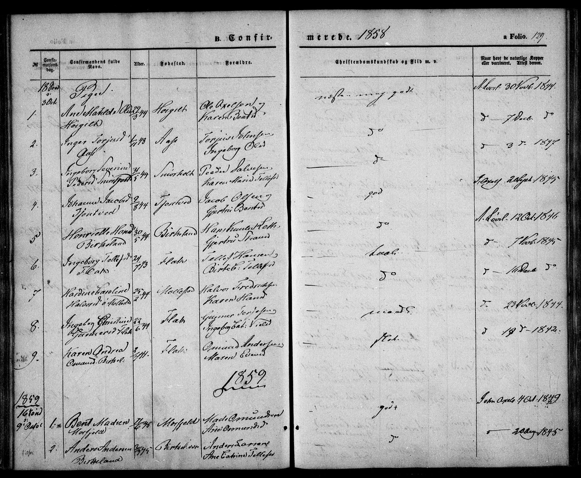 Birkenes sokneprestkontor, SAK/1111-0004/F/Fa/L0003: Ministerialbok nr. A 3, 1850-1866, s. 129