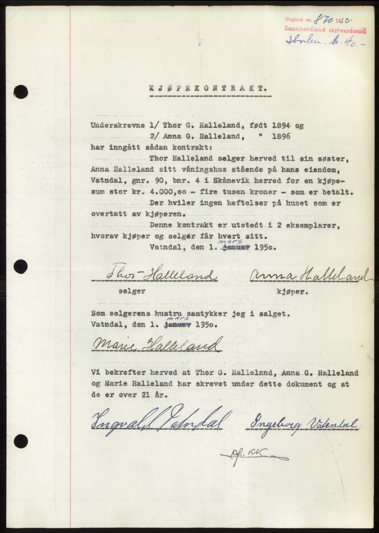 Sunnhordland sorenskrivar, AV/SAB-A-2401: Pantebok nr. B75-79, 1948-1950, Dagboknr: 870/1950