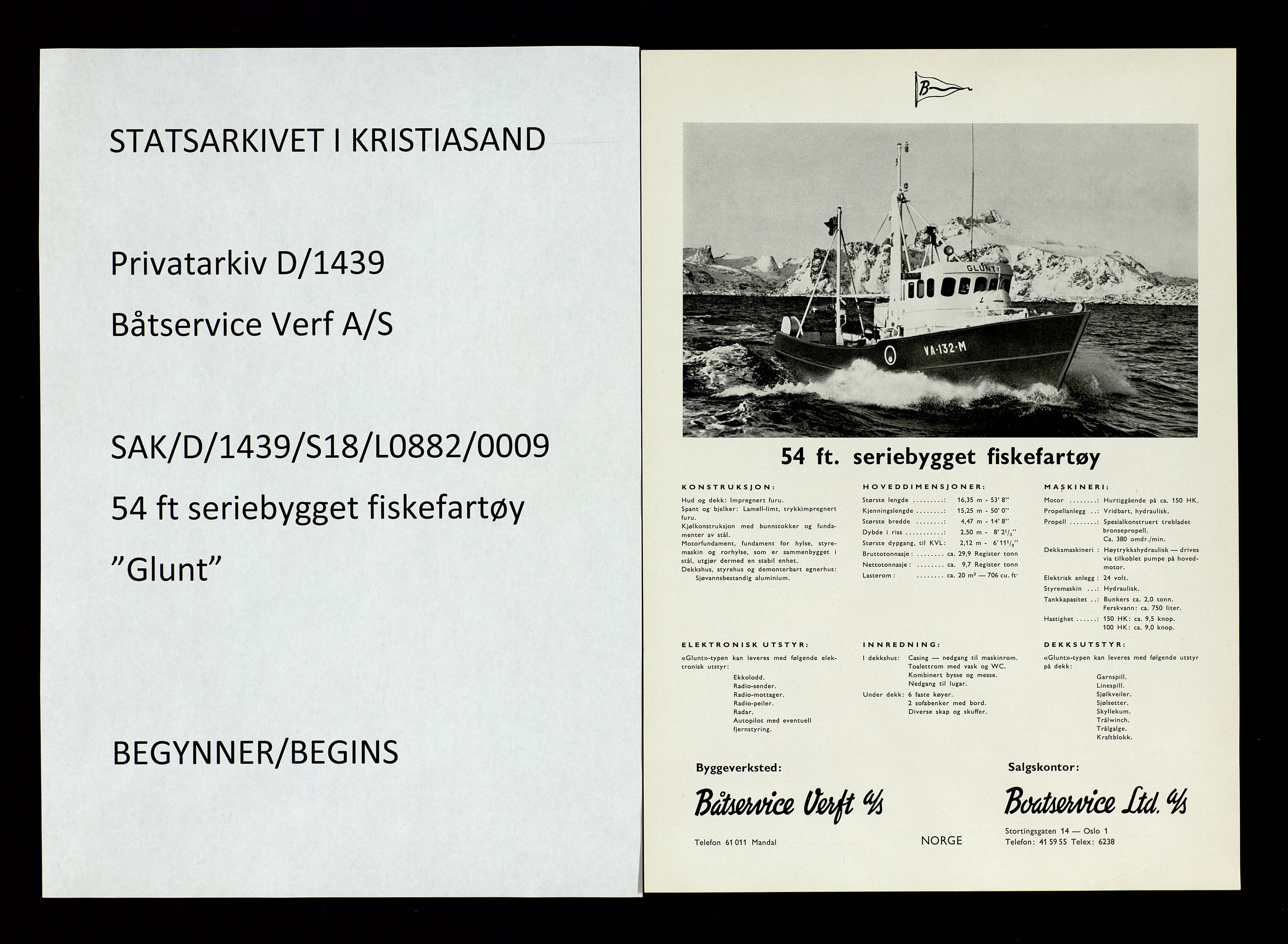 Båtservice Verft A/S, AV/SAK-D/1439/S18/L0882/0009: Reklame, jubileumsbok, historikk / 54 ft seriebygget fiskefartøy - "Glunt", 1968