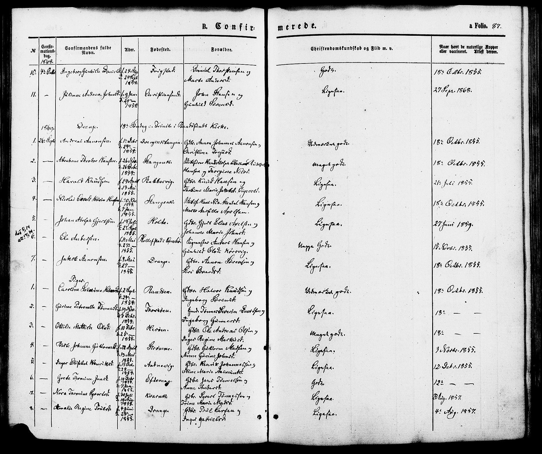 Oddernes sokneprestkontor, AV/SAK-1111-0033/F/Fa/Fab/L0001: Ministerialbok nr. A 1, 1865-1884, s. 87