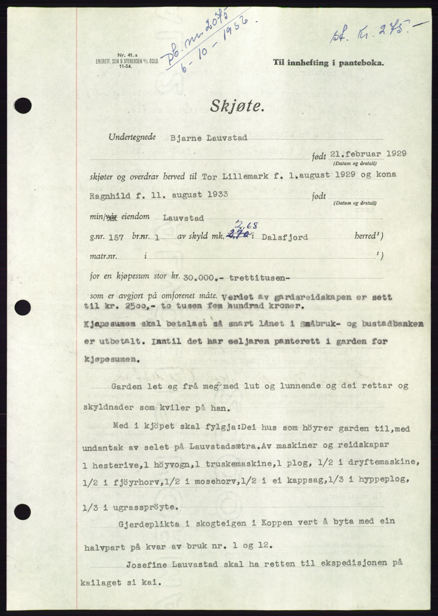 Søre Sunnmøre sorenskriveri, AV/SAT-A-4122/1/2/2C/L0104: Pantebok nr. 30A, 1956-1956, Dagboknr: 2075/1956