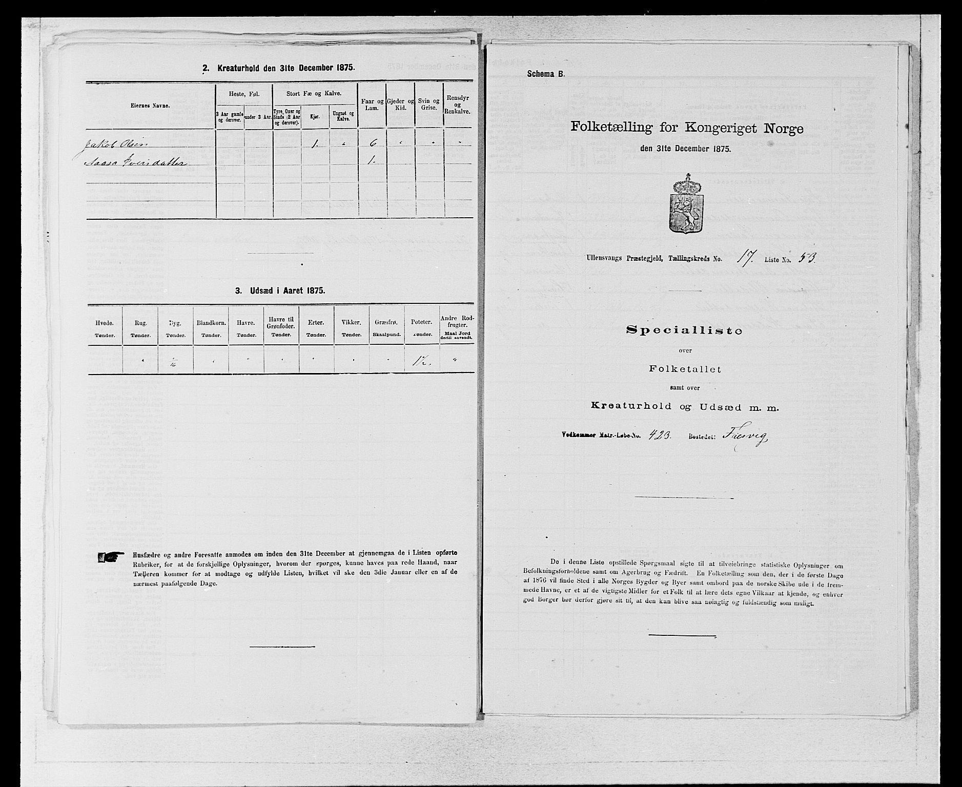 SAB, Folketelling 1875 for 1230P Ullensvang prestegjeld, 1875, s. 1851