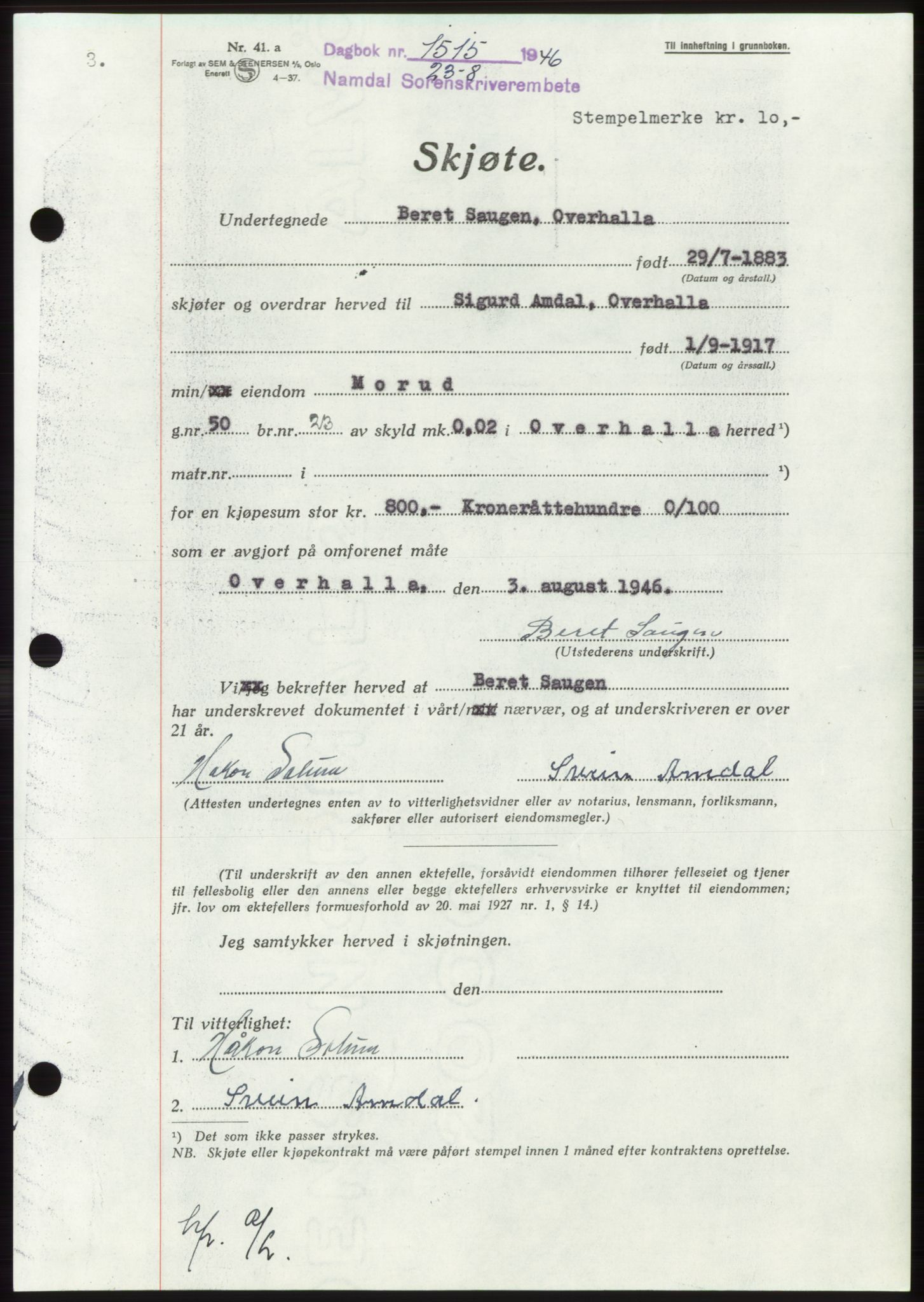 Namdal sorenskriveri, SAT/A-4133/1/2/2C: Pantebok nr. -, 1946-1946, Dagboknr: 1515/1946