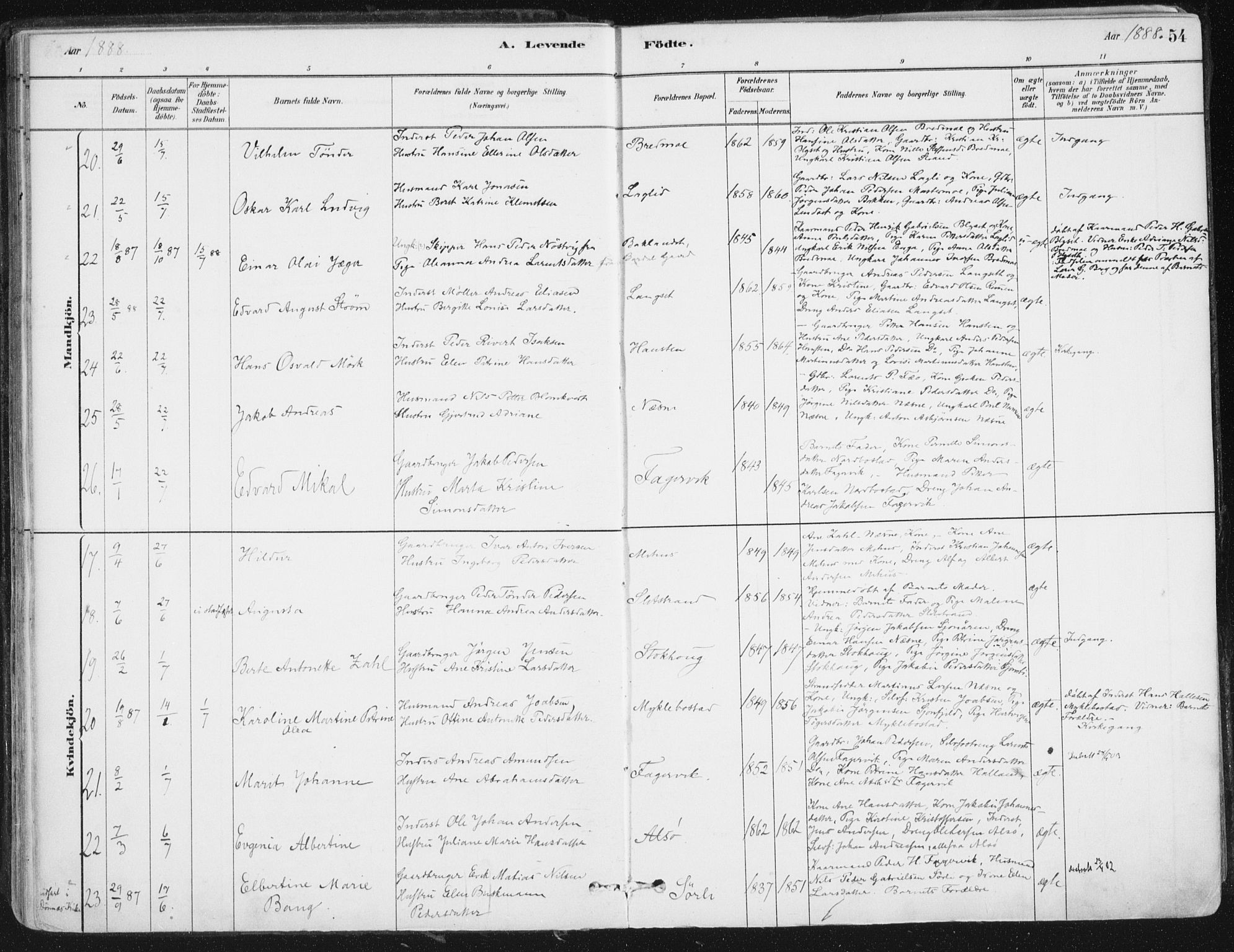 Ministerialprotokoller, klokkerbøker og fødselsregistre - Nordland, AV/SAT-A-1459/838/L0552: Ministerialbok nr. 838A10, 1880-1910, s. 54