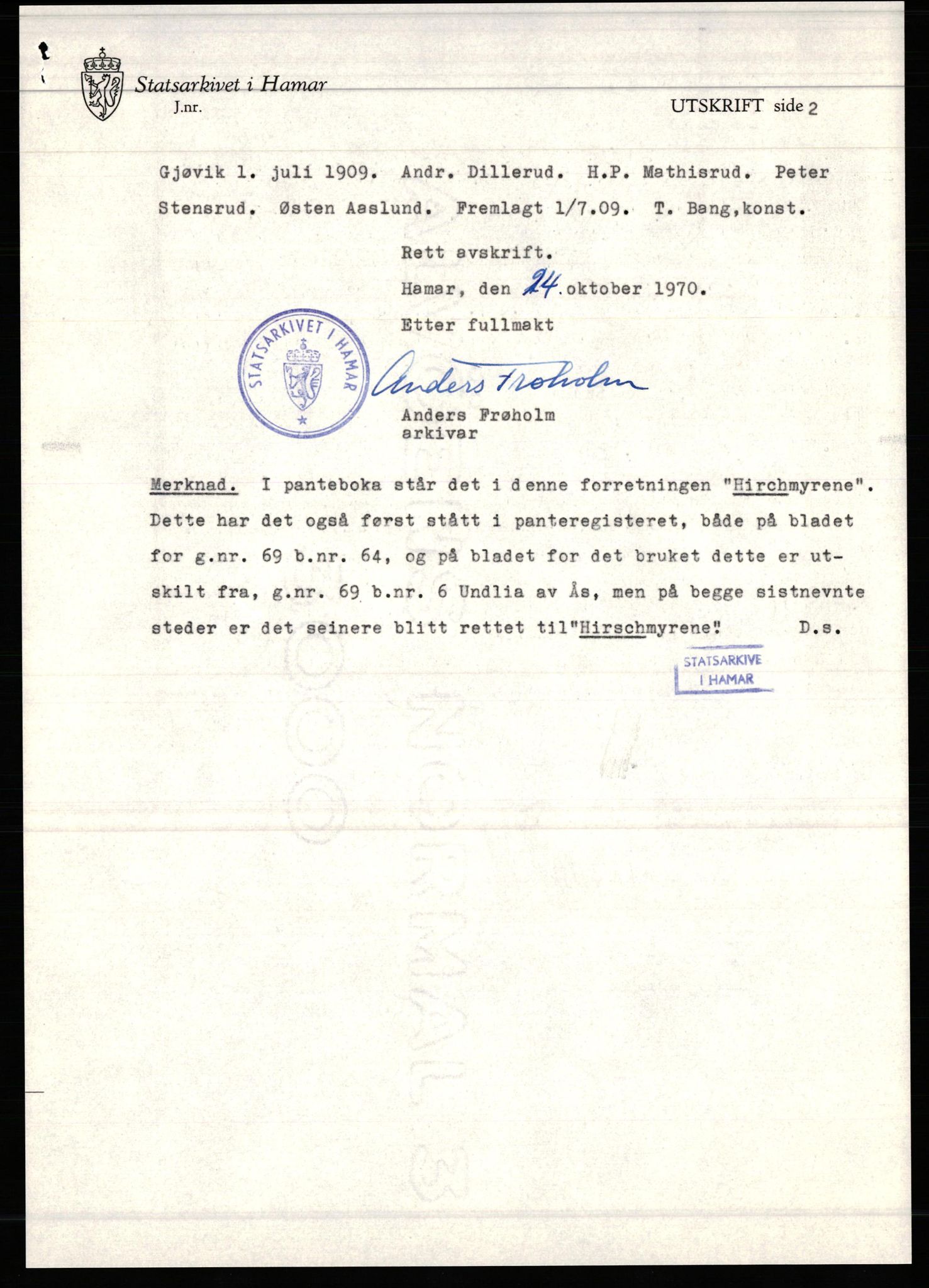Avskriftssamlingen ved Statsarkivet i Hamar, AV/SAH-AVSKRIFT-001/H/Hf/Hfa/Hfaa/L0023: Pantebok 23=X for Toten, Vardal og Biri, 1909-1911