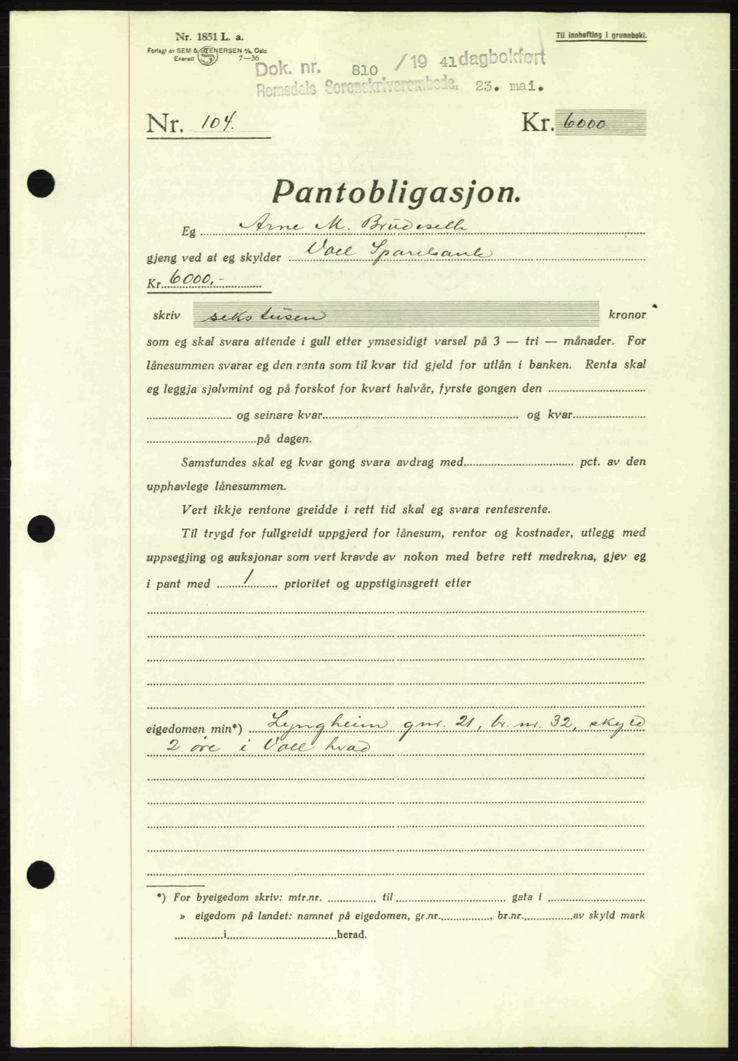 Romsdal sorenskriveri, SAT/A-4149/1/2/2C: Pantebok nr. B2, 1939-1945, Dagboknr: 810/1941