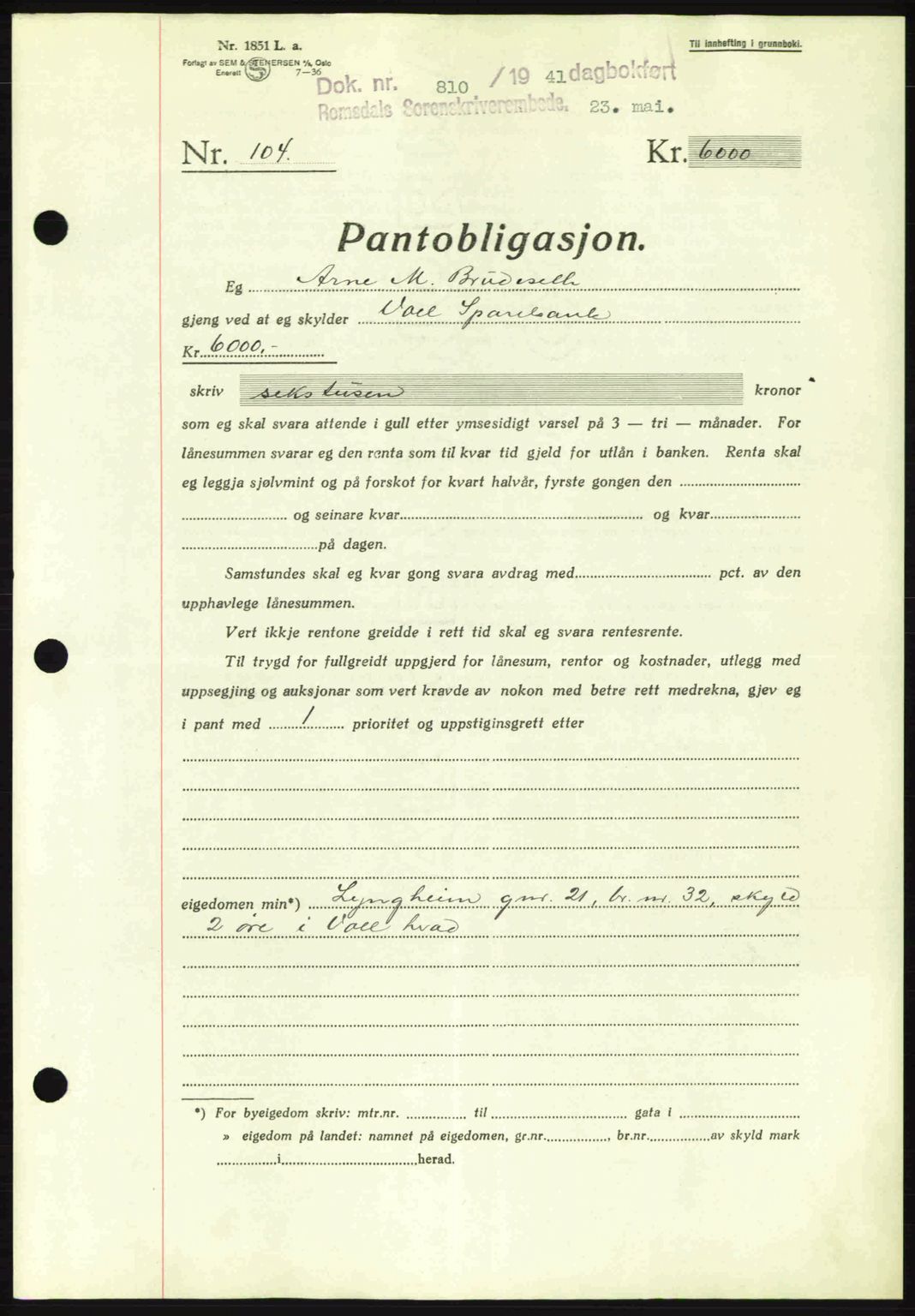 Romsdal sorenskriveri, AV/SAT-A-4149/1/2/2C: Pantebok nr. B2, 1939-1945, Dagboknr: 810/1941