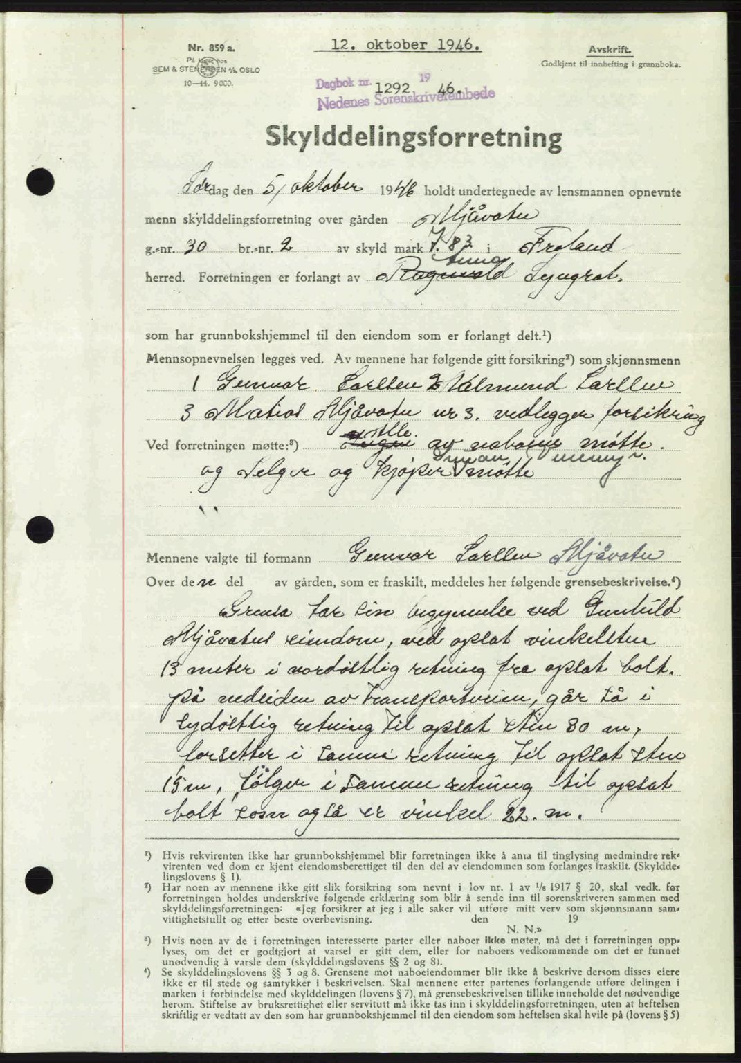 Nedenes sorenskriveri, SAK/1221-0006/G/Gb/Gba/L0056: Pantebok nr. A8, 1946-1947, Dagboknr: 1292/1946