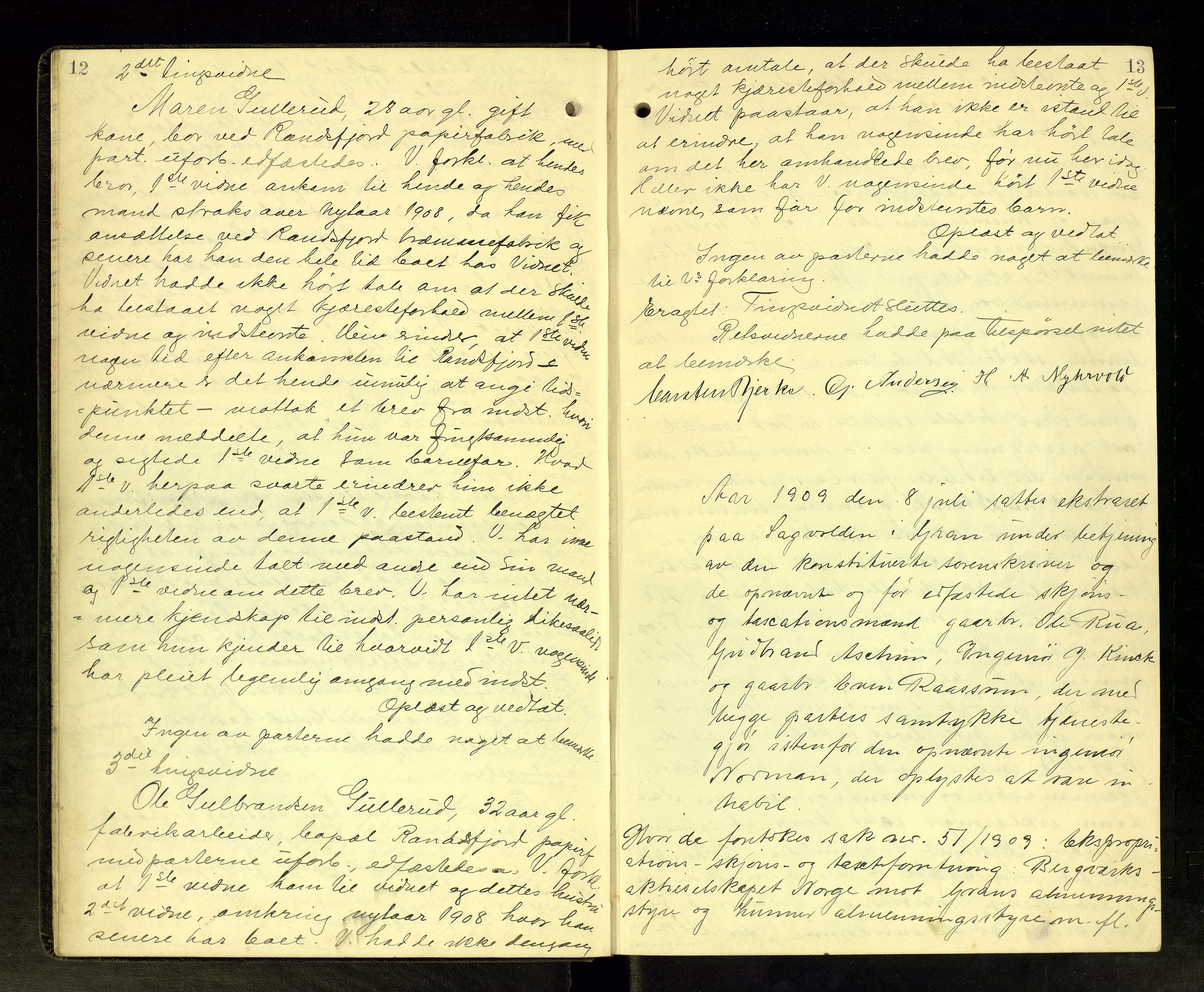 Hadeland og Land tingrett, AV/SAH-TING-010/G/Gc/L0043: Ekstrarettsprotokoll, 1909-1910, s. 12-13