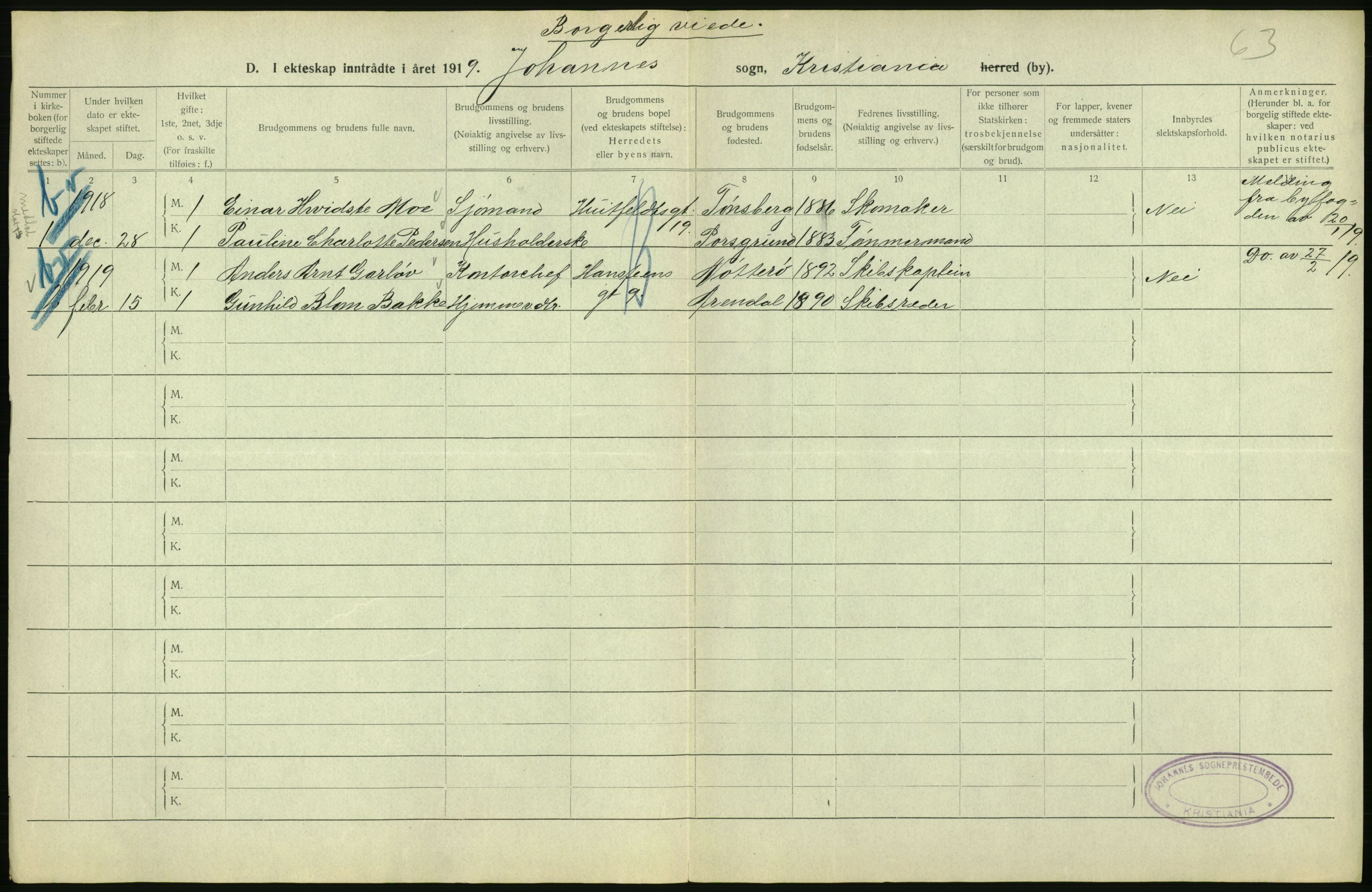 Statistisk sentralbyrå, Sosiodemografiske emner, Befolkning, RA/S-2228/D/Df/Dfb/Dfbi/L0009: Kristiania: Gifte, 1919, s. 166