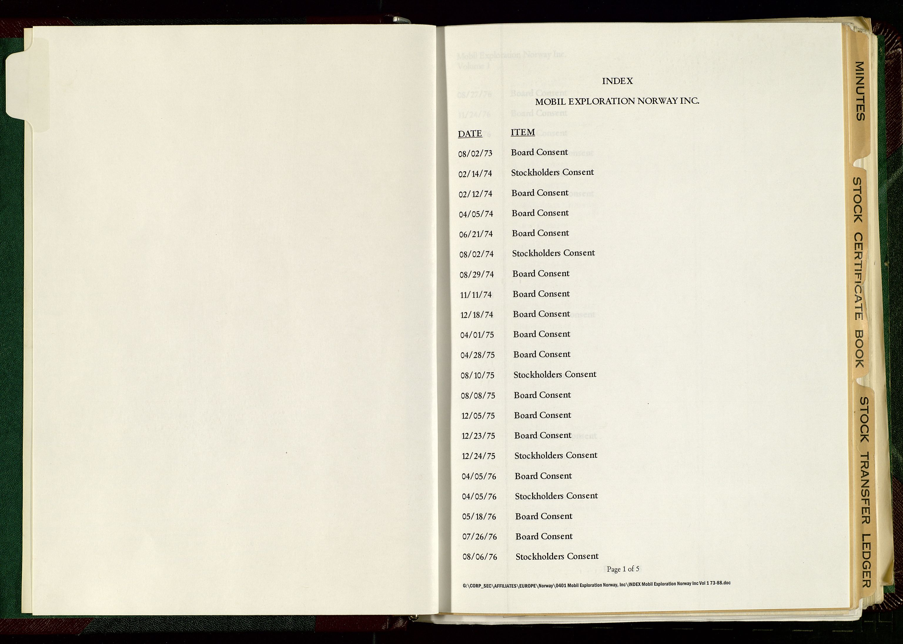 Pa 1578 - Mobil Exploration Norway Incorporated, AV/SAST-A-102024/7/A/Aa/L0001: Styreprotokoll og dokumenter, 1973-1998