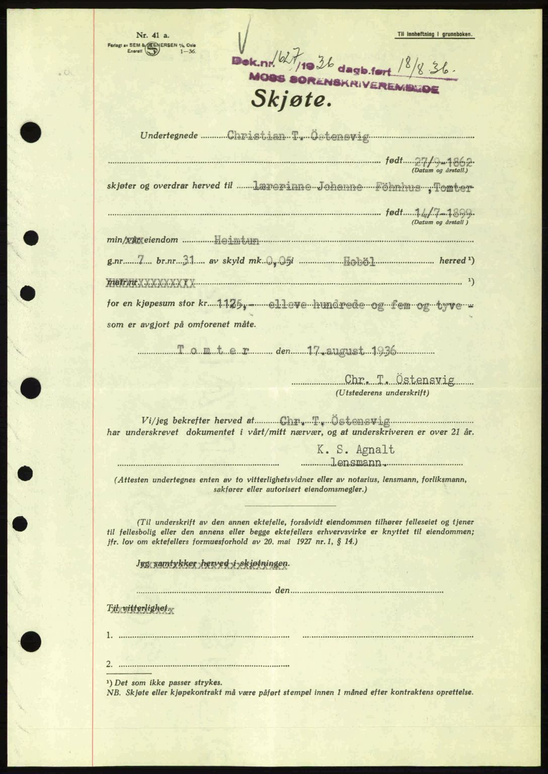 Moss sorenskriveri, SAO/A-10168: Pantebok nr. A1, 1936-1936, Dagboknr: 1627/1936