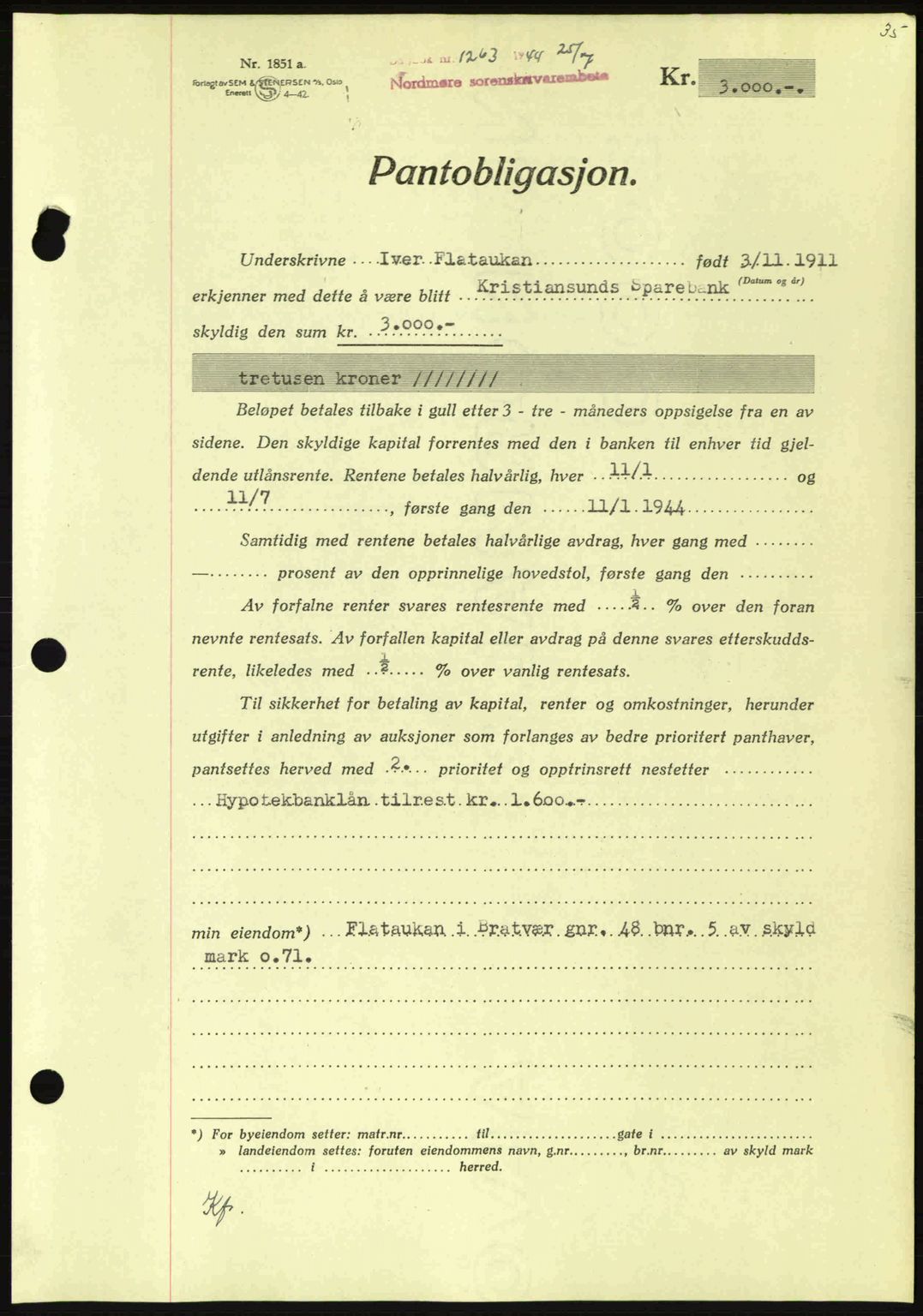 Nordmøre sorenskriveri, AV/SAT-A-4132/1/2/2Ca: Pantebok nr. B92, 1944-1945, Dagboknr: 1263/1944