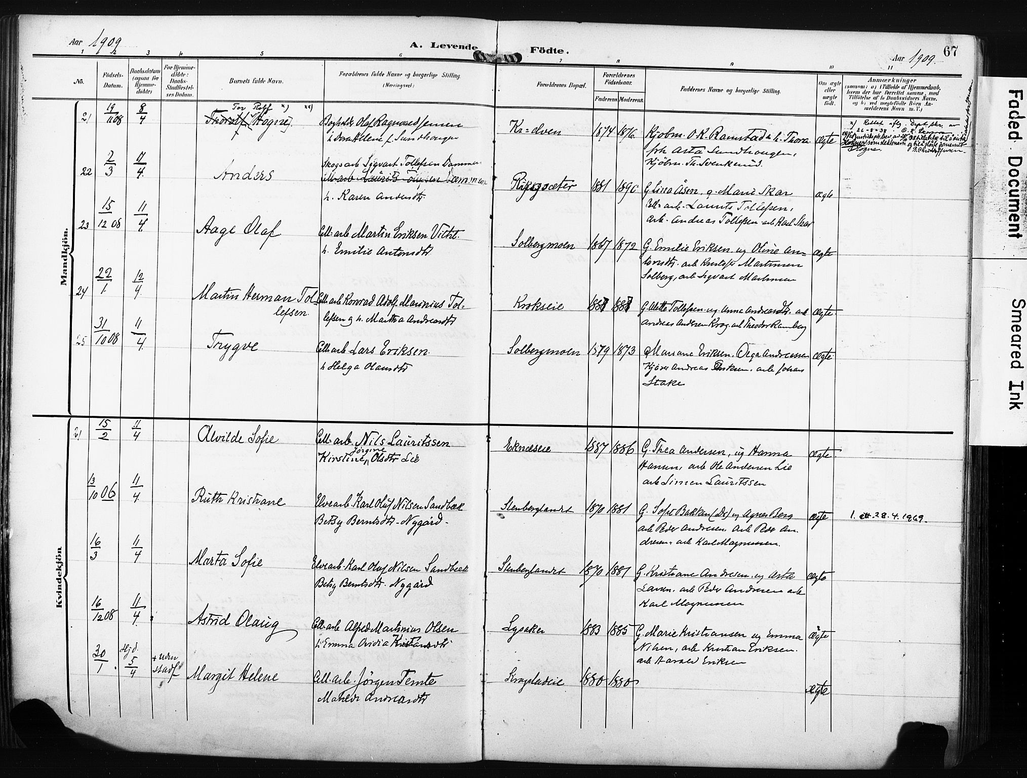 Nedre Eiker kirkebøker, AV/SAKO-A-612/F/Fa/L0006: Ministerialbok nr. 6, 1906-1912, s. 67
