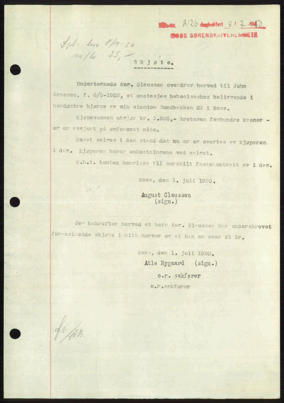 Moss sorenskriveri, SAO/A-10168: Pantebok nr. A26, 1950-1950, Dagboknr: 2126/1950