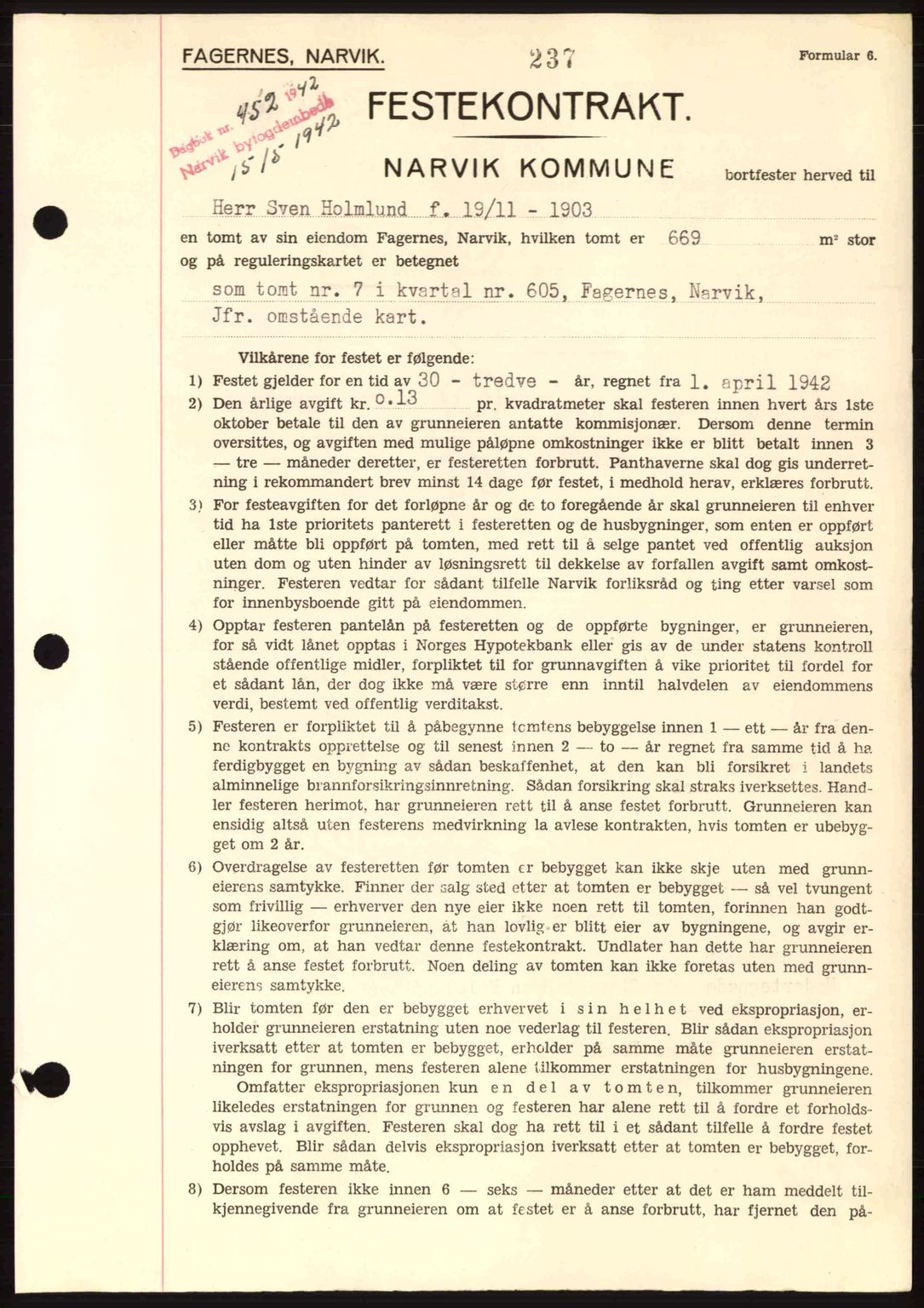 Narvik sorenskriveri, SAT/A-0002/1/2/2C/2Ca: Pantebok nr. A19, 1942-1943, Dagboknr: 452/1942