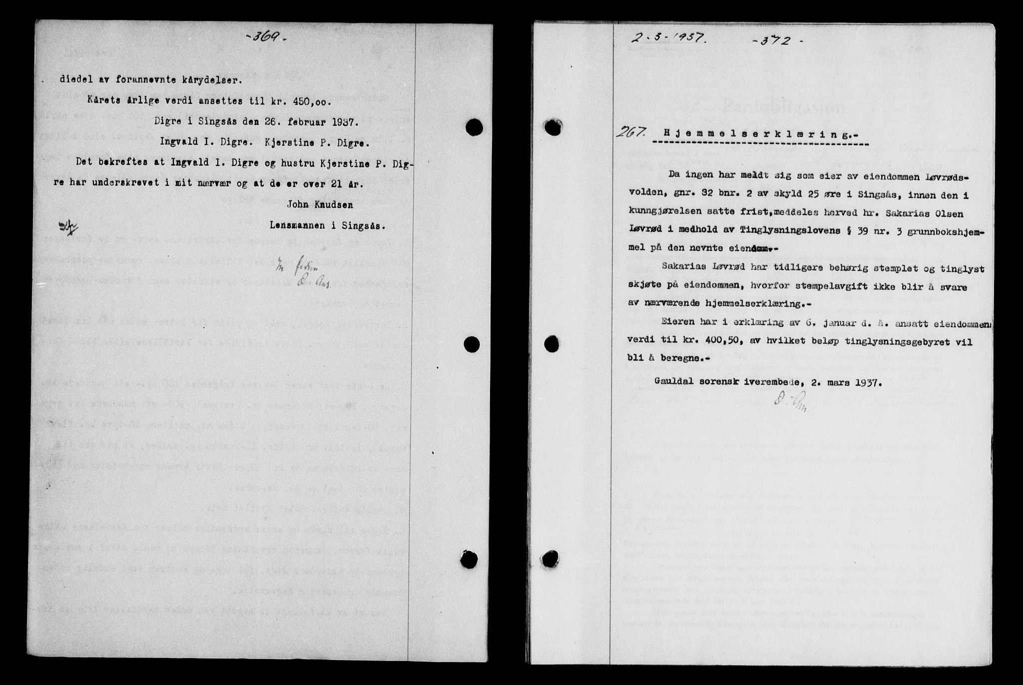 Gauldal sorenskriveri, SAT/A-0014/1/2/2C/L0047: Pantebok nr. 50-51, 1937-1937, Dagboknr: 267/1937