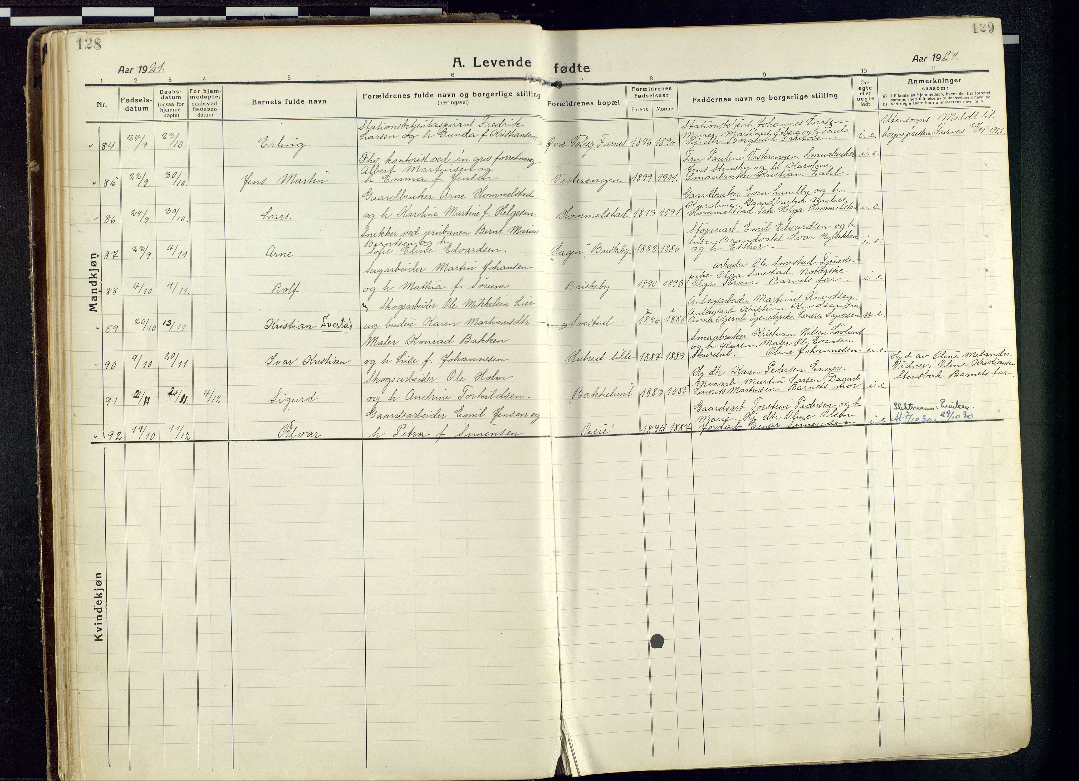 Vang prestekontor, Hedmark, AV/SAH-PREST-008/H/Ha/Haa/L0022: Ministerialbok nr. 22, 1918-1944, s. 128-129