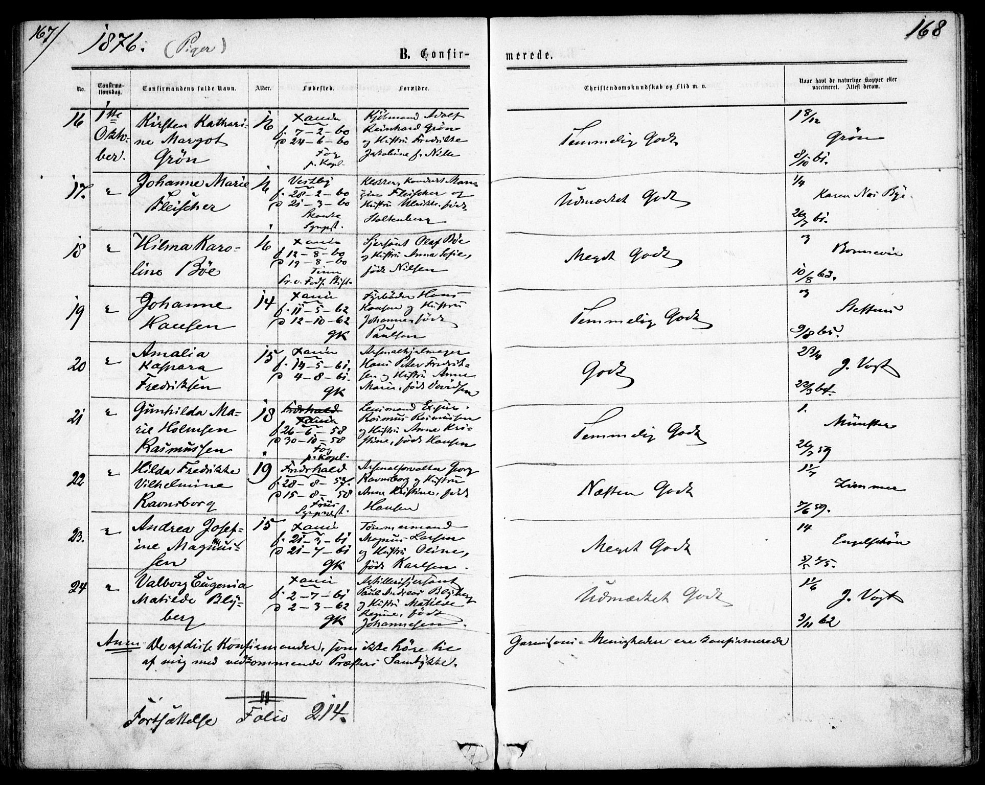 Garnisonsmenigheten Kirkebøker, AV/SAO-A-10846/F/Fa/L0011: Ministerialbok nr. 11, 1870-1880, s. 168