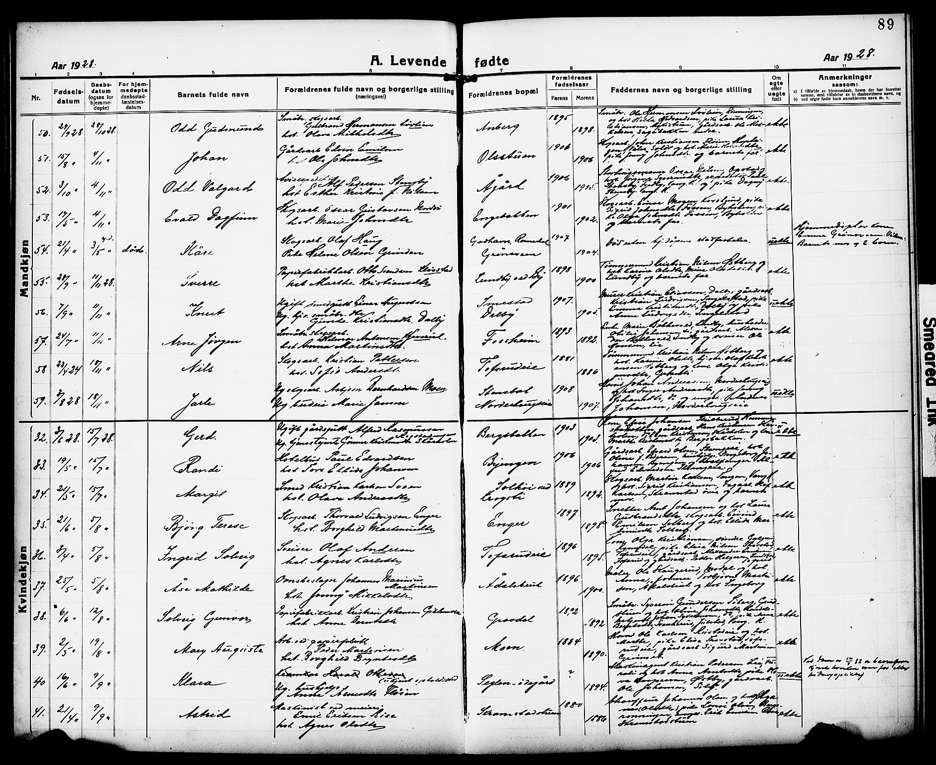 Løten prestekontor, AV/SAH-PREST-022/L/La/L0008: Klokkerbok nr. 8, 1920-1929, s. 89