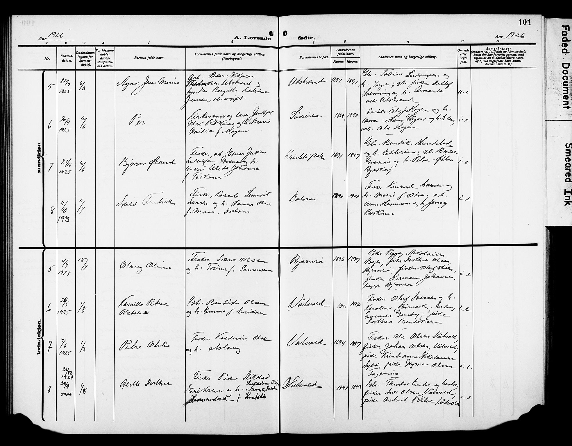 Kvæfjord sokneprestkontor, AV/SATØ-S-1323/G/Ga/Gab/L0006klokker: Klokkerbok nr. 6, 1912-1931, s. 101