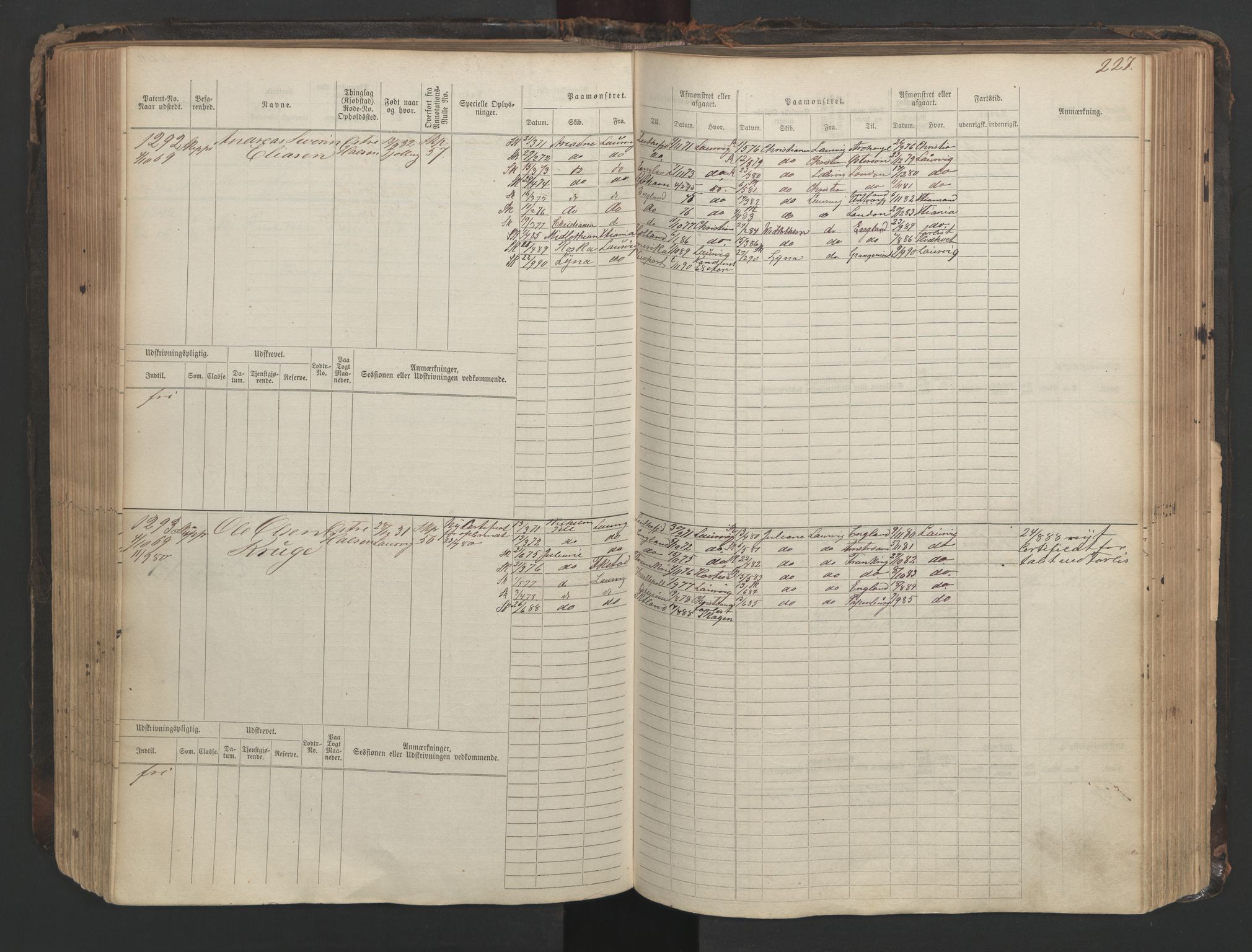 Larvik innrulleringskontor, SAKO/A-787/F/Fc/L0003: Hovedrulle, 1868, s. 227