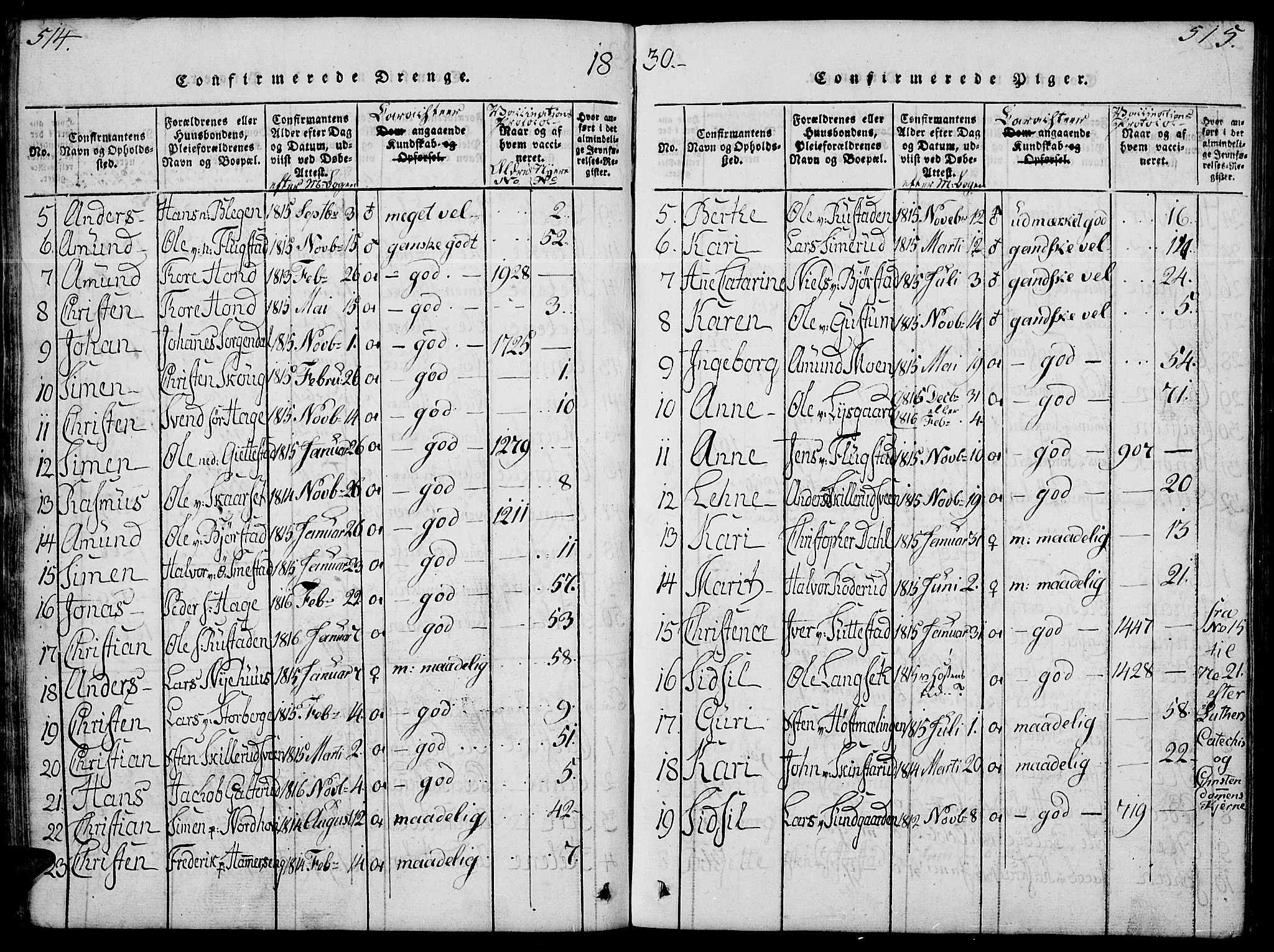 Fåberg prestekontor, AV/SAH-PREST-086/H/Ha/Hab/L0004: Klokkerbok nr. 4, 1818-1837, s. 514-515
