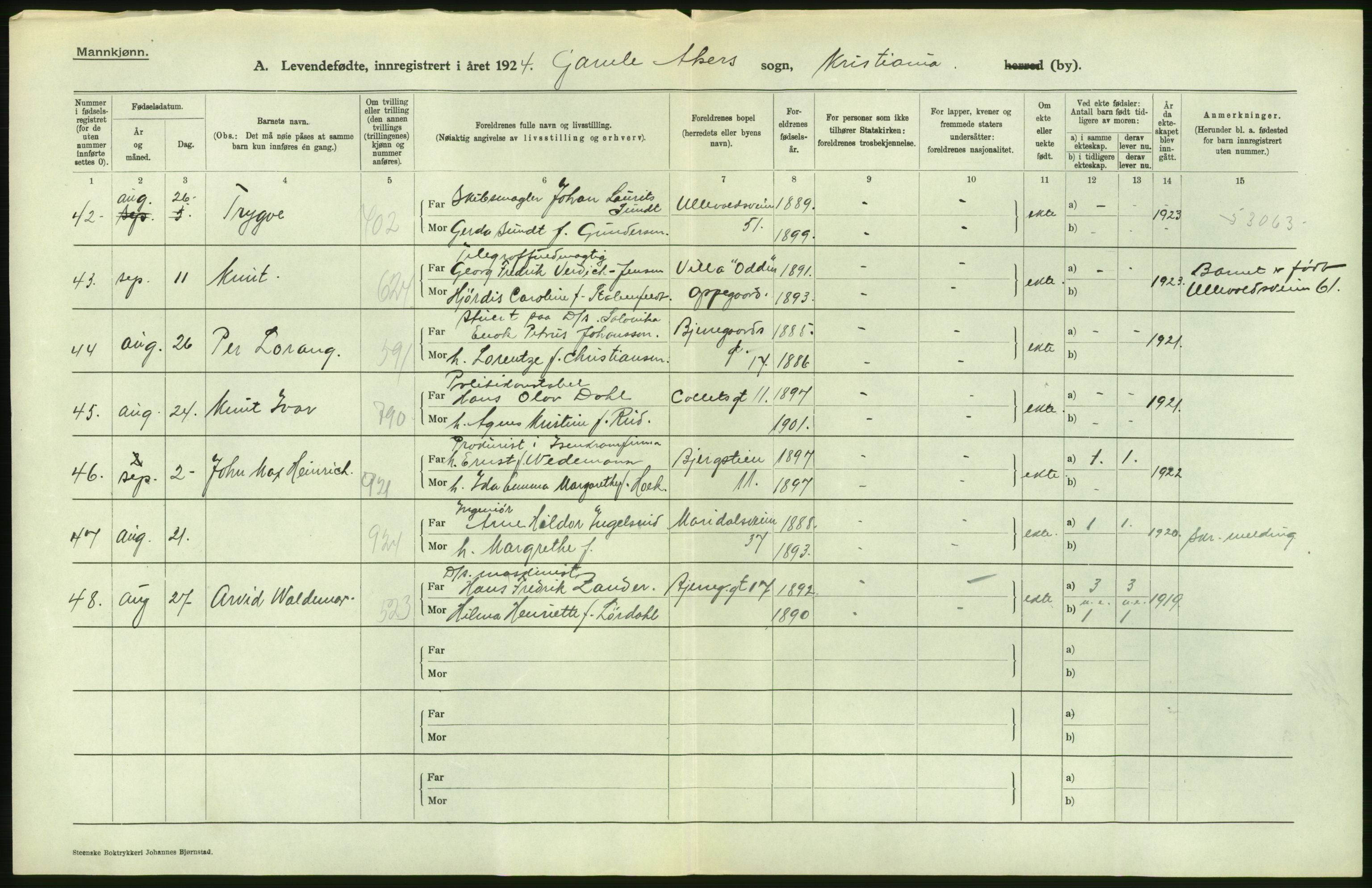 Statistisk sentralbyrå, Sosiodemografiske emner, Befolkning, AV/RA-S-2228/D/Df/Dfc/Dfcd/L0005: Kristiania: Levendefødte menn., 1924, s. 20