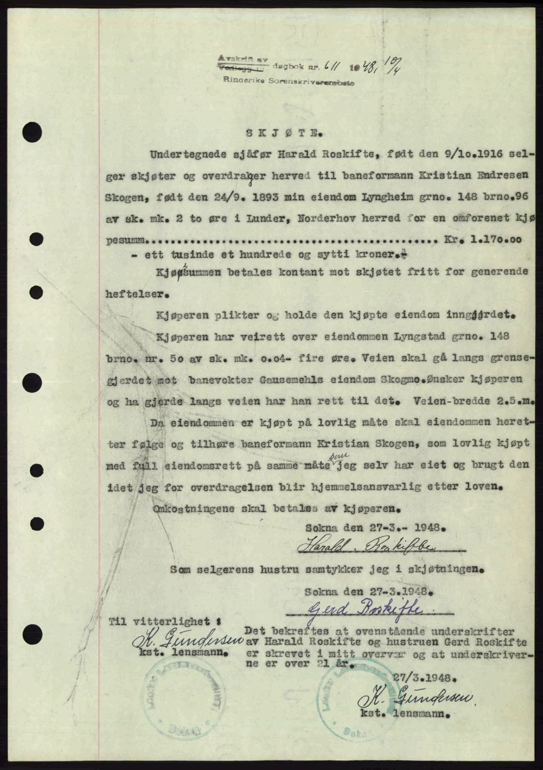 Ringerike sorenskriveri, SAKO/A-105/G/Ga/Gab/L0088: Pantebok nr. A-19, 1948-1948, Dagboknr: 611/1948