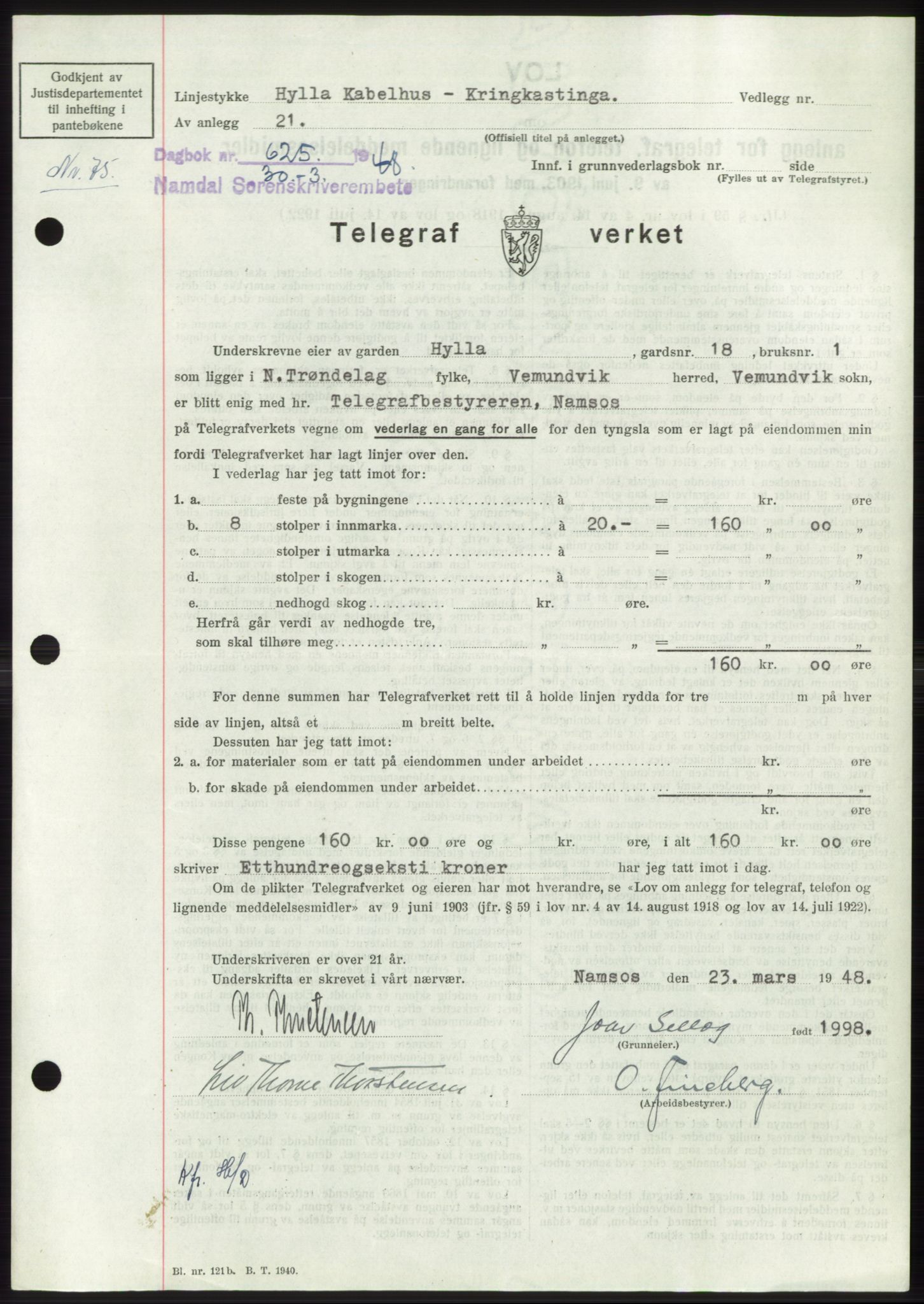 Namdal sorenskriveri, SAT/A-4133/1/2/2C: Pantebok nr. -, 1947-1948, Dagboknr: 625/1948