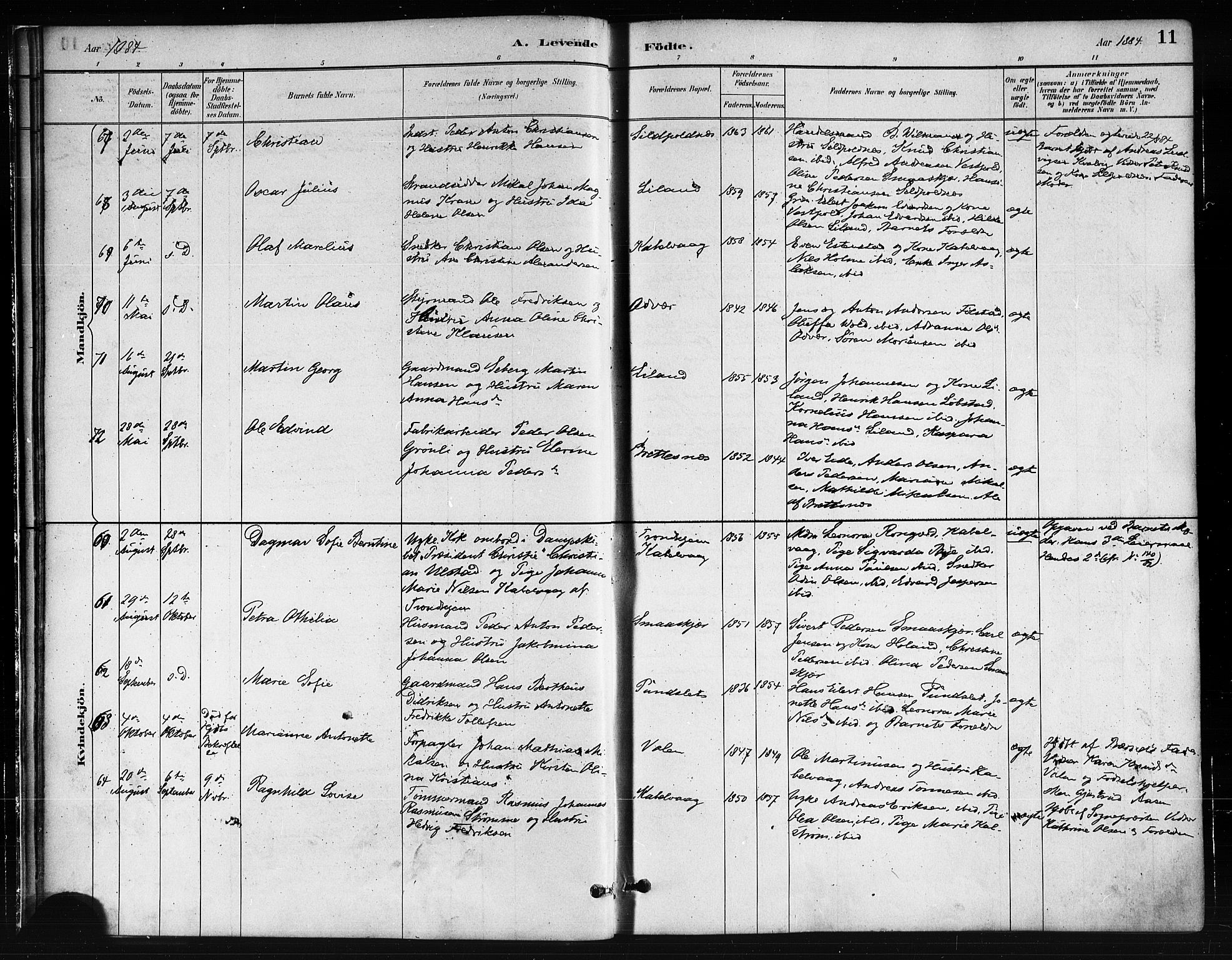 Ministerialprotokoller, klokkerbøker og fødselsregistre - Nordland, SAT/A-1459/874/L1059: Ministerialbok nr. 874A03, 1884-1890, s. 11