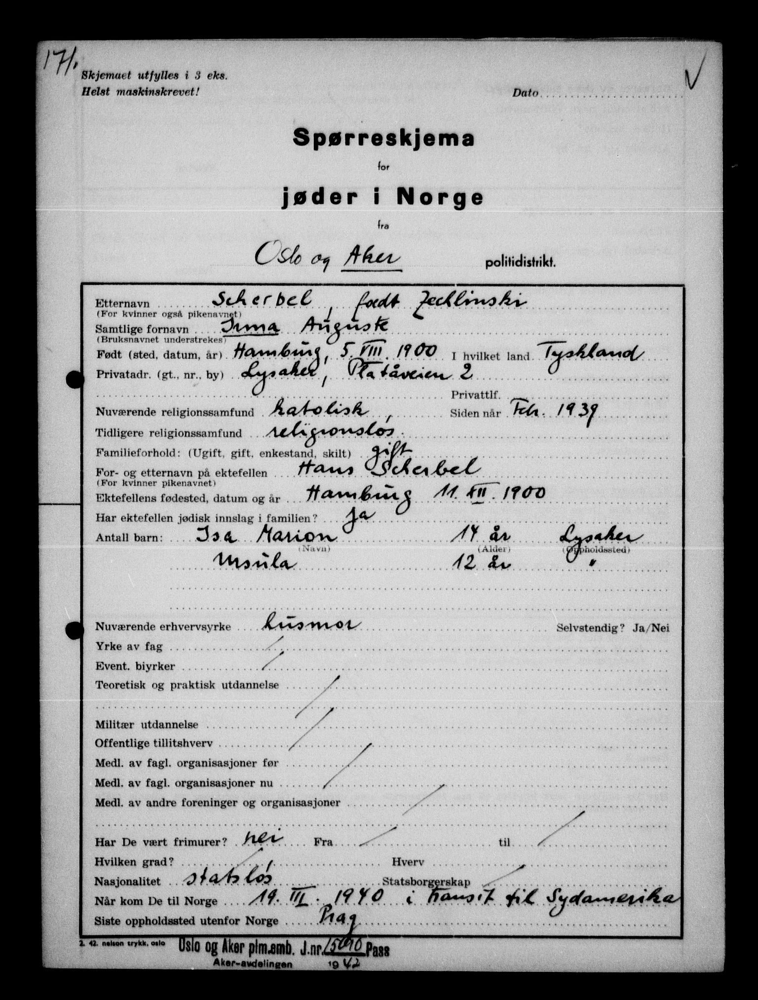 Statspolitiet - Hovedkontoret / Osloavdelingen, AV/RA-S-1329/G/Ga/L0012: Spørreskjema for jøder i Norge. 1: Aker 114- 207 (Levinson-Wozak) og 656 (Salomon). 2: Arendal-Hordaland. 3: Horten-Romerike.  , 1942, s. 176