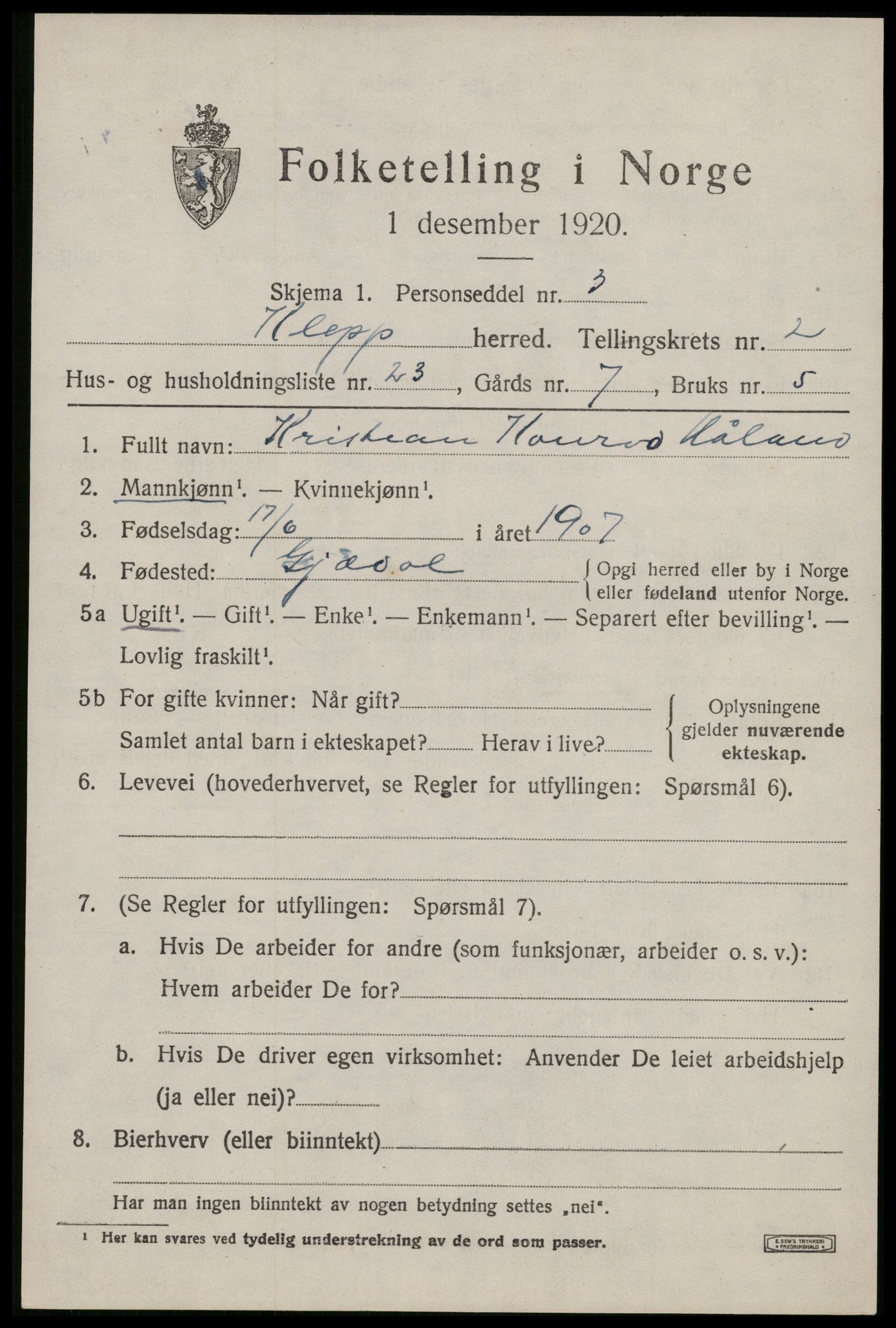 SAST, Folketelling 1920 for 1120 Klepp herred, 1920, s. 2878