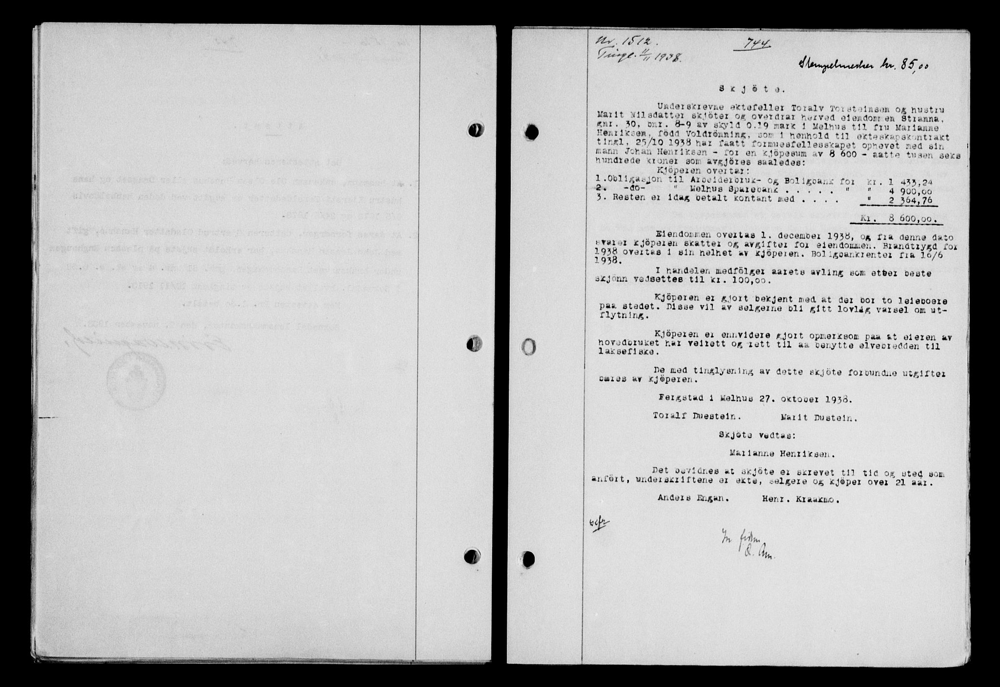 Gauldal sorenskriveri, SAT/A-0014/1/2/2C/L0049: Pantebok nr. 53, 1938-1938, Dagboknr: 1512/1938