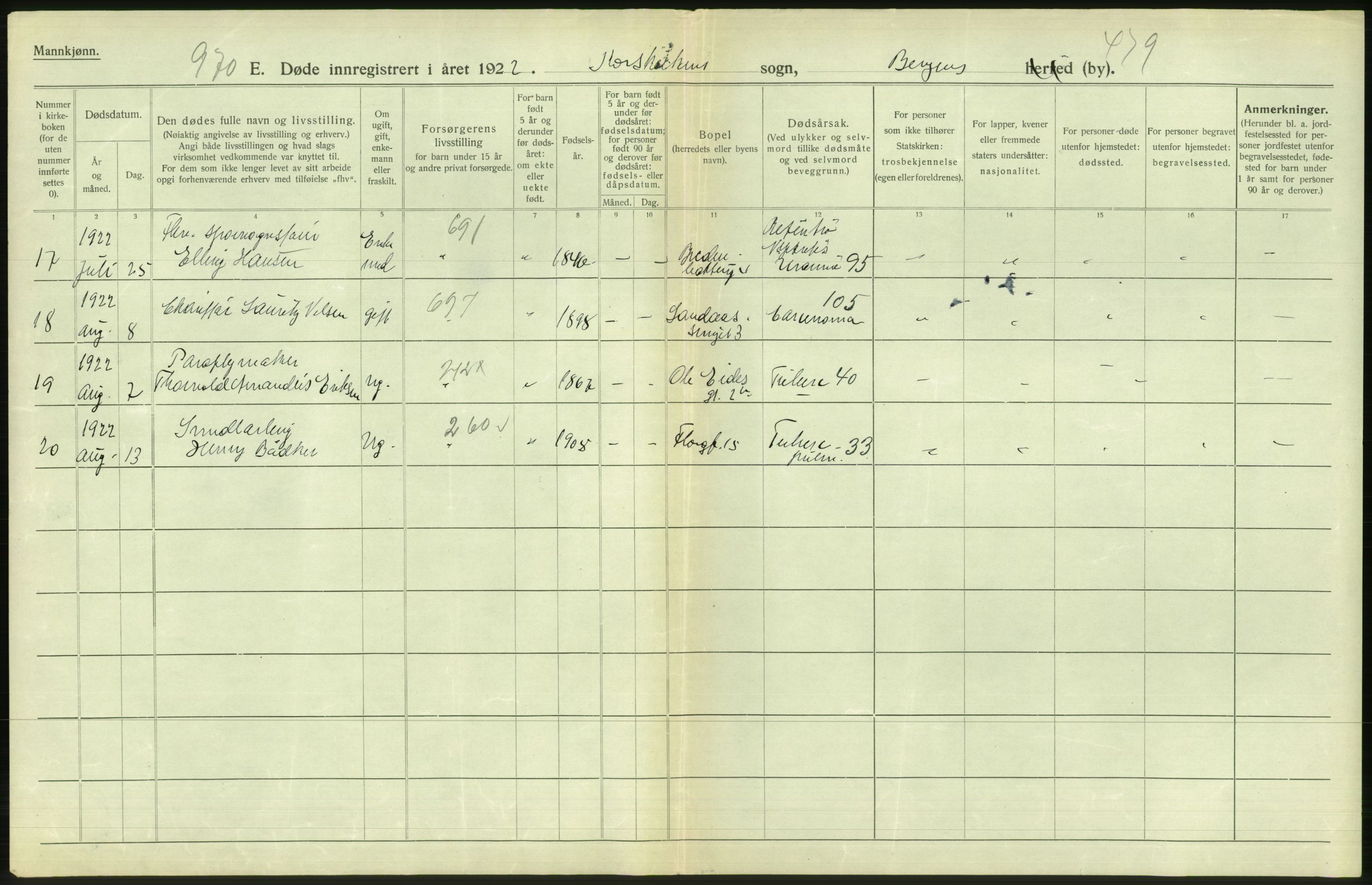 Statistisk sentralbyrå, Sosiodemografiske emner, Befolkning, AV/RA-S-2228/D/Df/Dfc/Dfcb/L0030: Bergen: Gifte, døde, dødfødte., 1922, s. 688