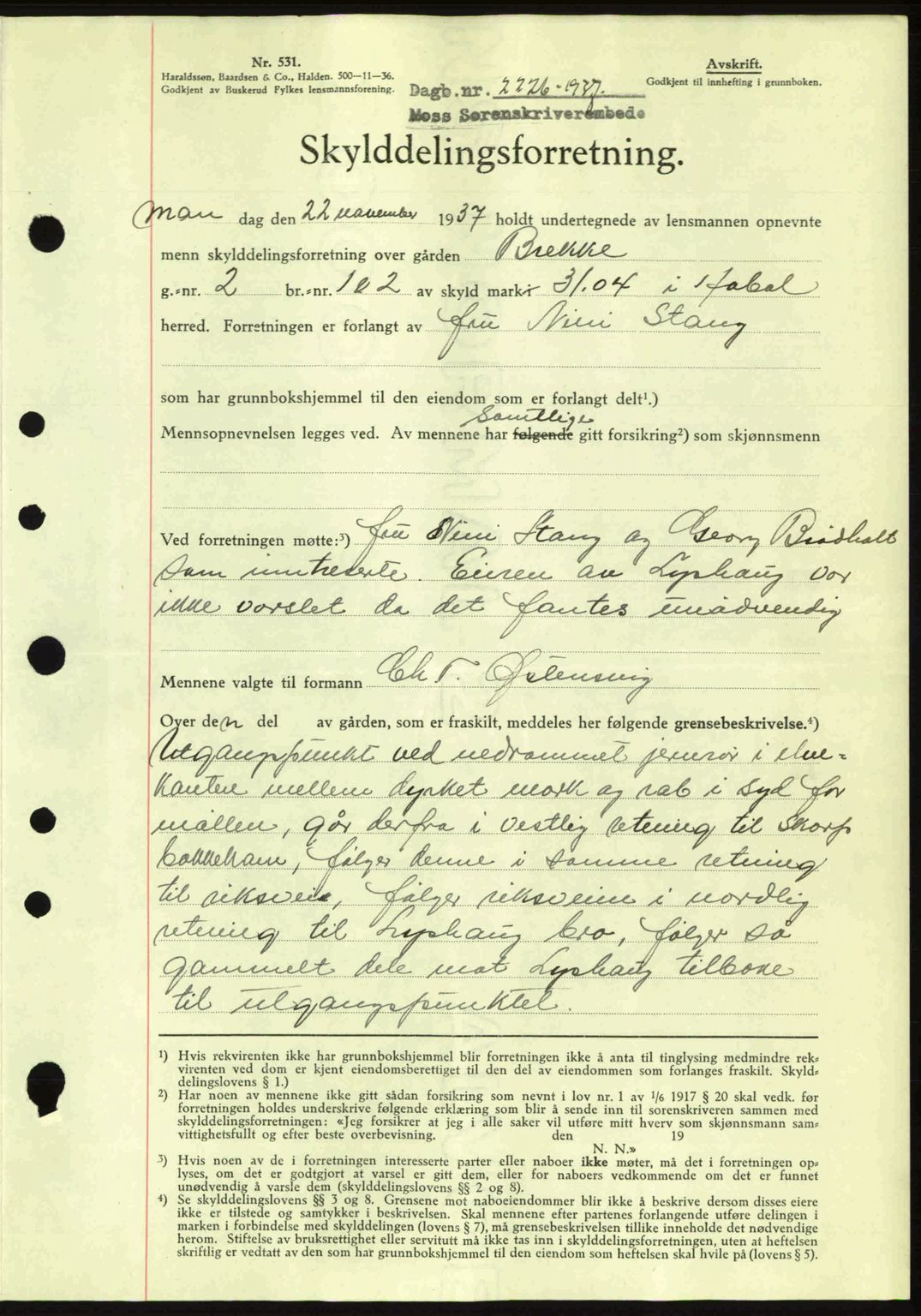 Moss sorenskriveri, SAO/A-10168: Pantebok nr. A3, 1937-1938, Dagboknr: 2226/1937