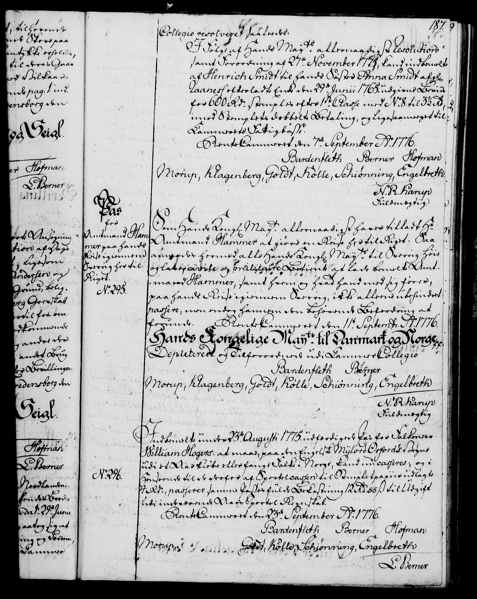 Rentekammeret, Kammerkanselliet, AV/RA-EA-3111/G/Gg/Gga/L0010: Norsk ekspedisjonsprotokoll med register (merket RK 53.10), 1773-1778, s. 187