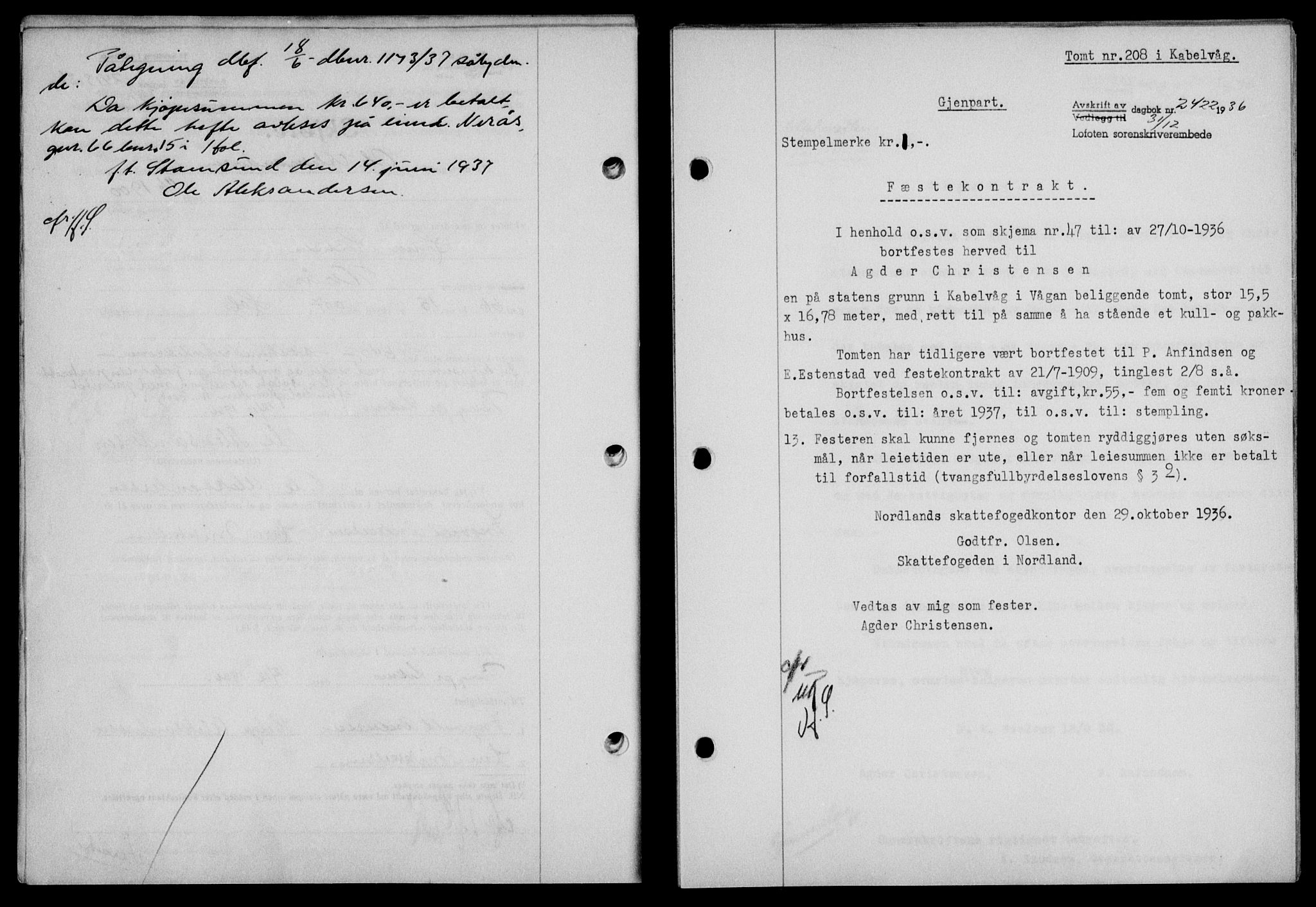 Lofoten sorenskriveri, SAT/A-0017/1/2/2C/L0001a: Pantebok nr. 1a, 1936-1937, Dagboknr: 2422/1936