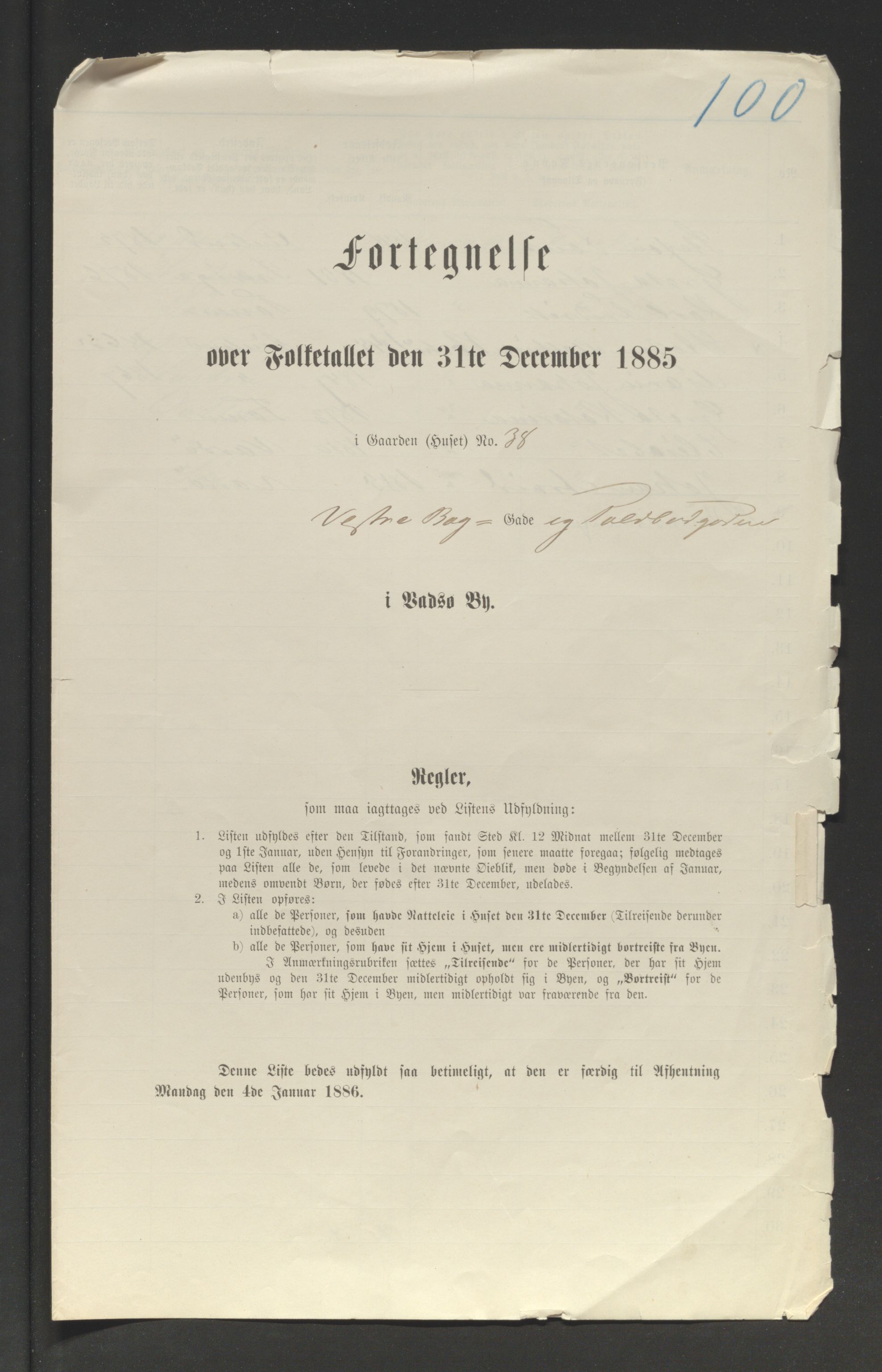 SATØ, Folketelling 1885 for 2003 Vadsø kjøpstad, 1885, s. 100a