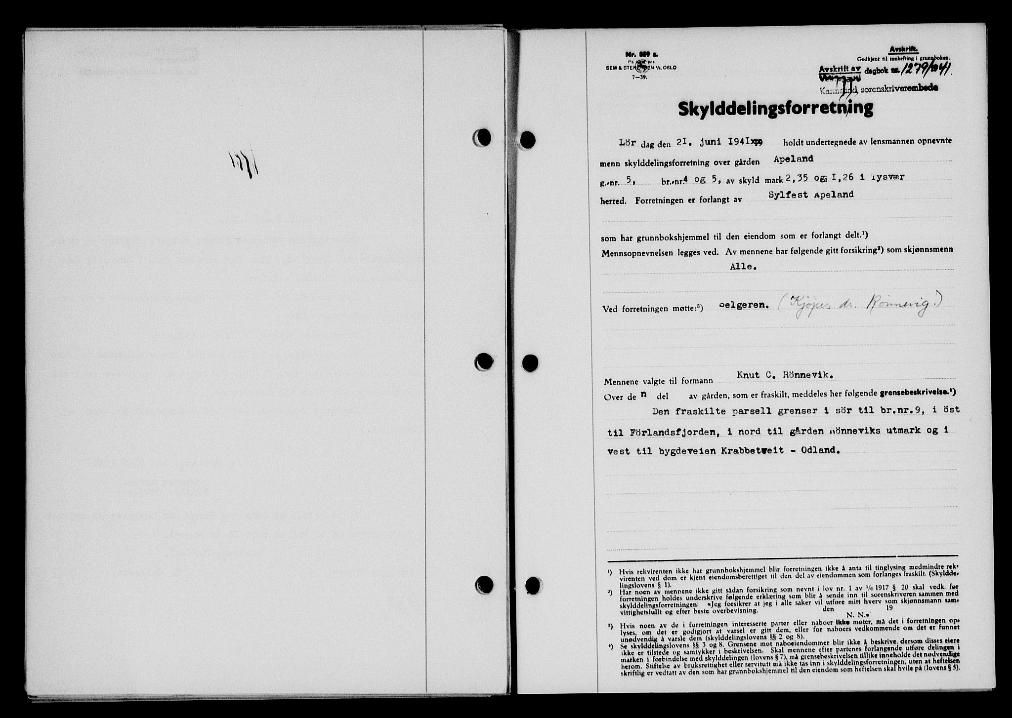 Karmsund sorenskriveri, SAST/A-100311/01/II/IIB/L0075: Pantebok nr. 56A, 1941-1941, Dagboknr: 1279/1941