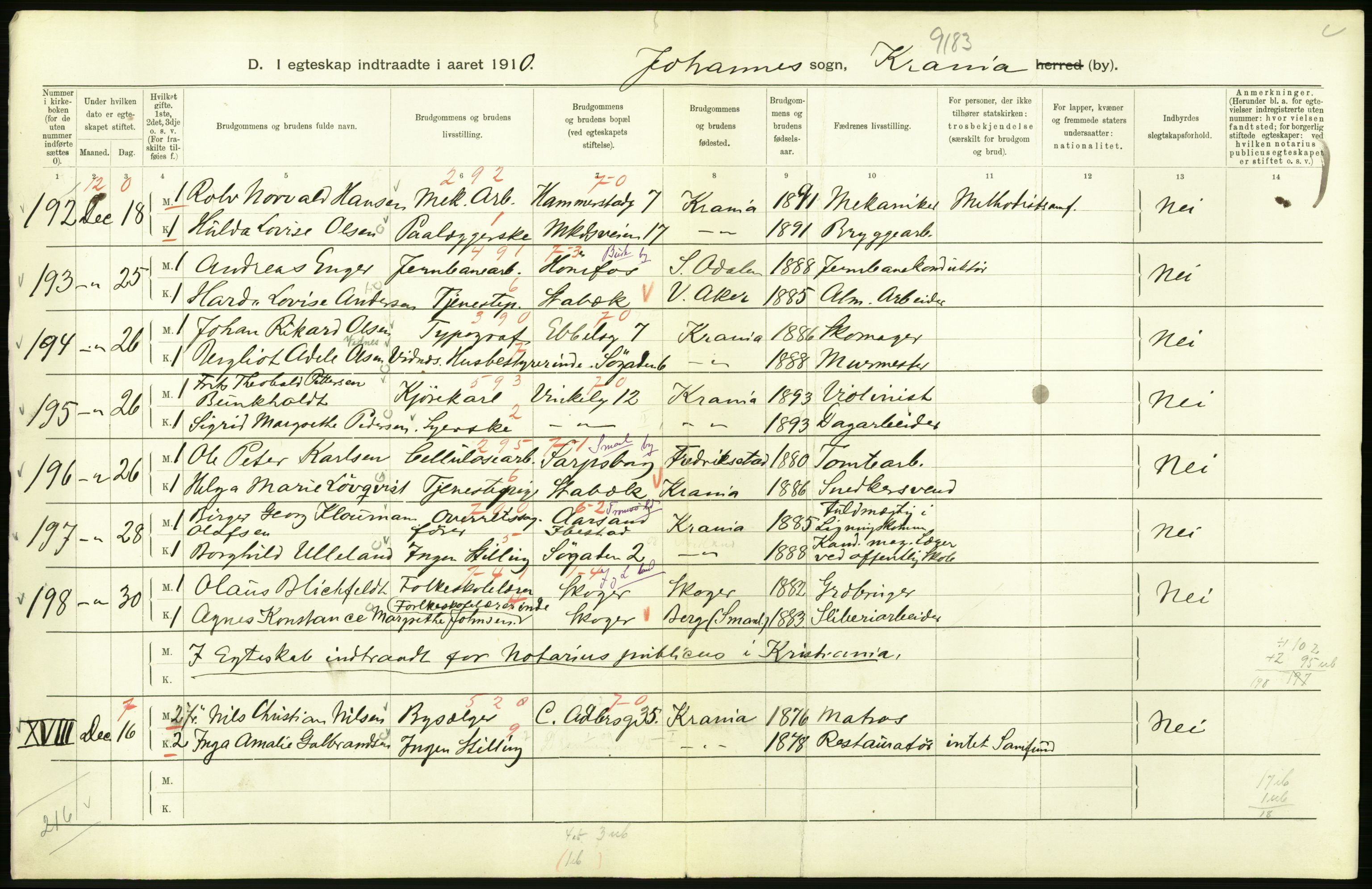 Statistisk sentralbyrå, Sosiodemografiske emner, Befolkning, AV/RA-S-2228/D/Df/Dfa/Dfah/L0009: Kristiania: Gifte og dødfødte., 1910, s. 200